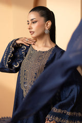 3 Piece Embroidered Self Tassel Silk Suit