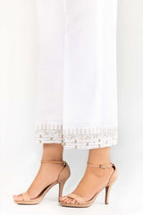 White Embroidered Raw Silk Trousers