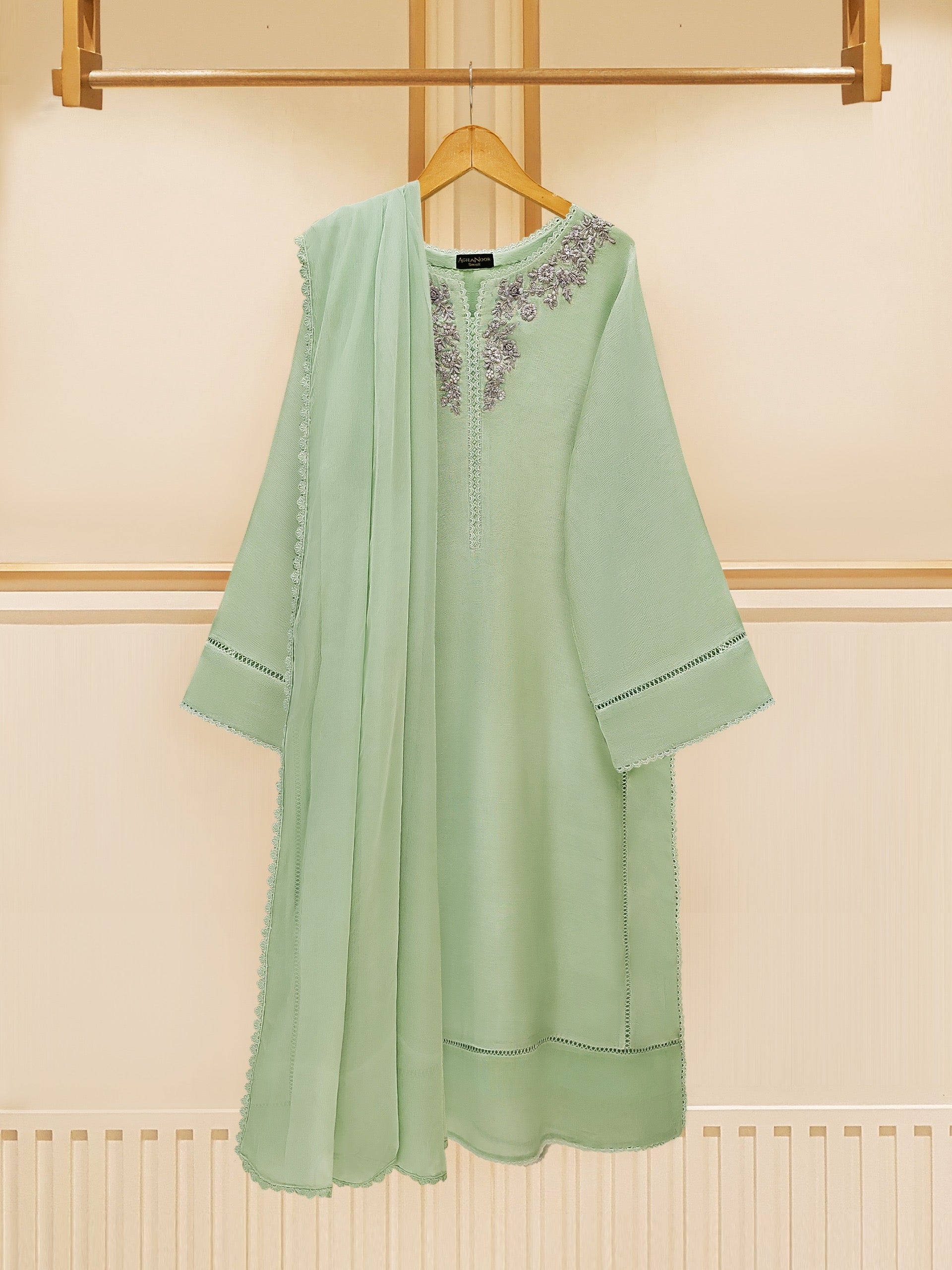 3 Piece - Pure Cotton Net Embroidered Suit S109492