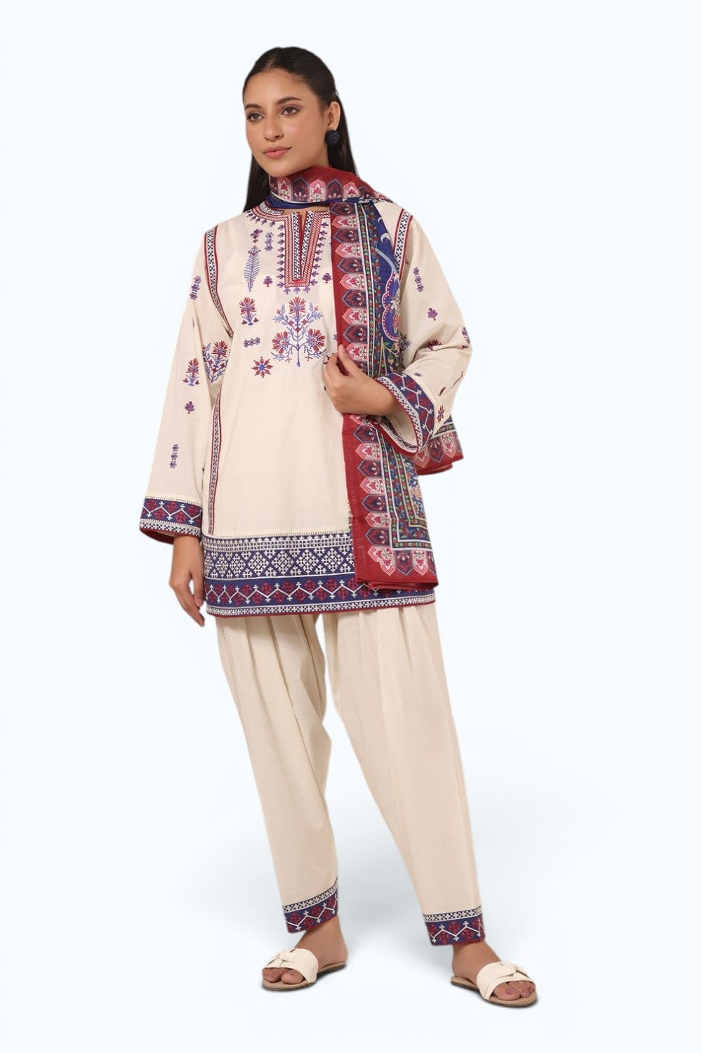 3PC Cambric Embroidered Suit With Printed Scarf