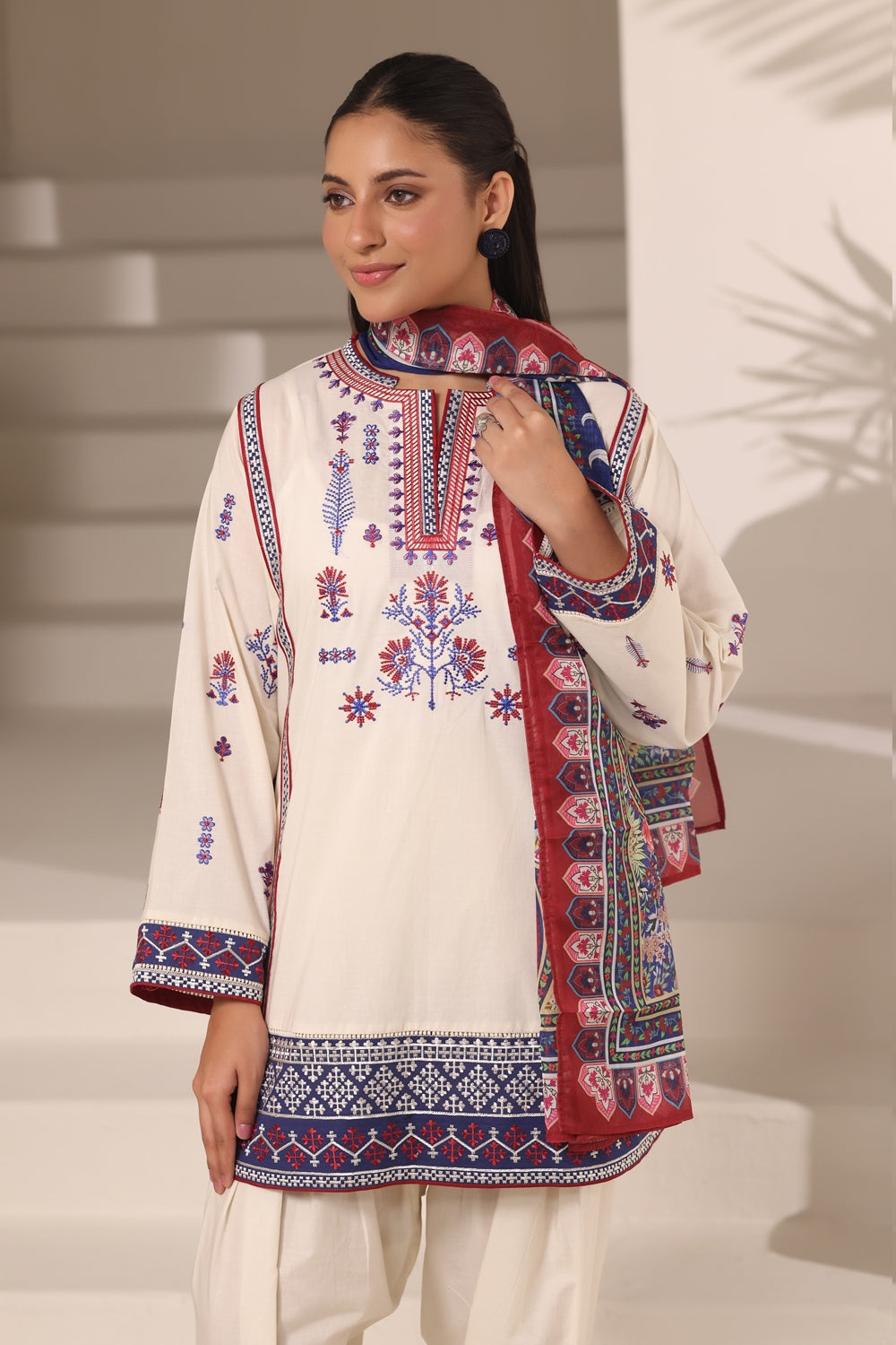 3PC Cambric Embroidered Suit With Printed Scarf