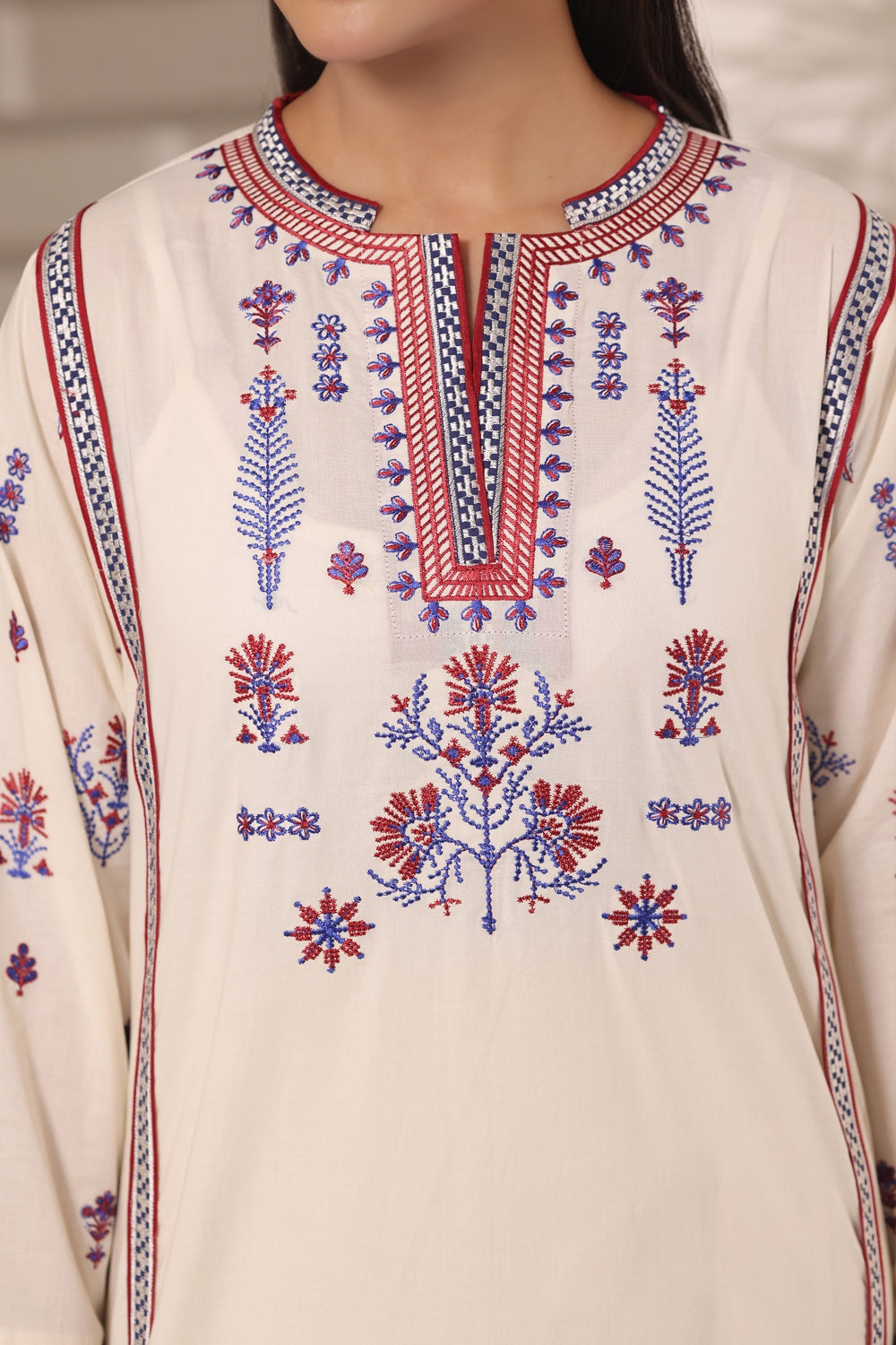3PC Cambric Embroidered Suit With Printed Scarf