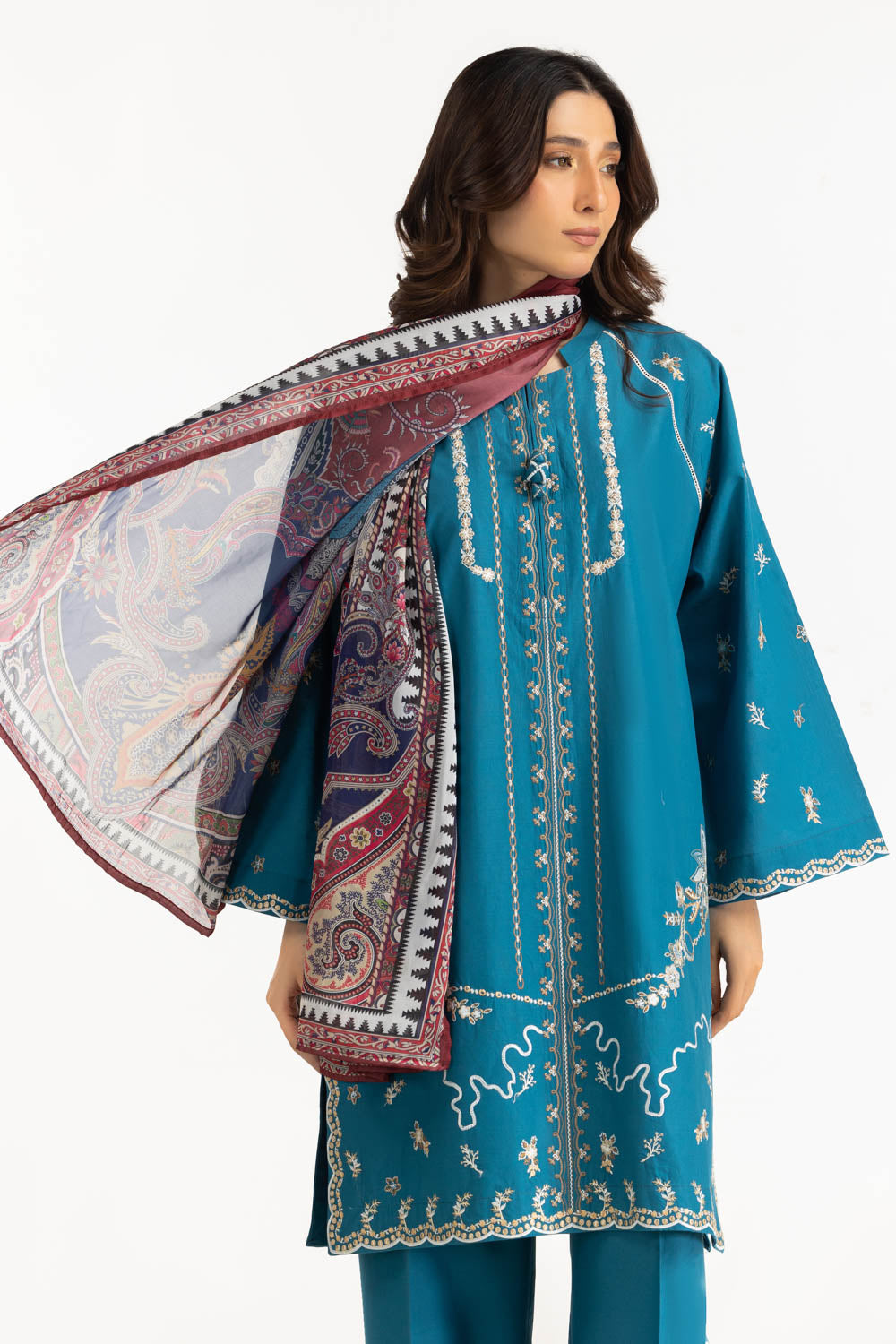 3PC Cambric Embroidered Suit With Scarf