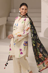 3PC Cambric Printed Suit With Embroidered