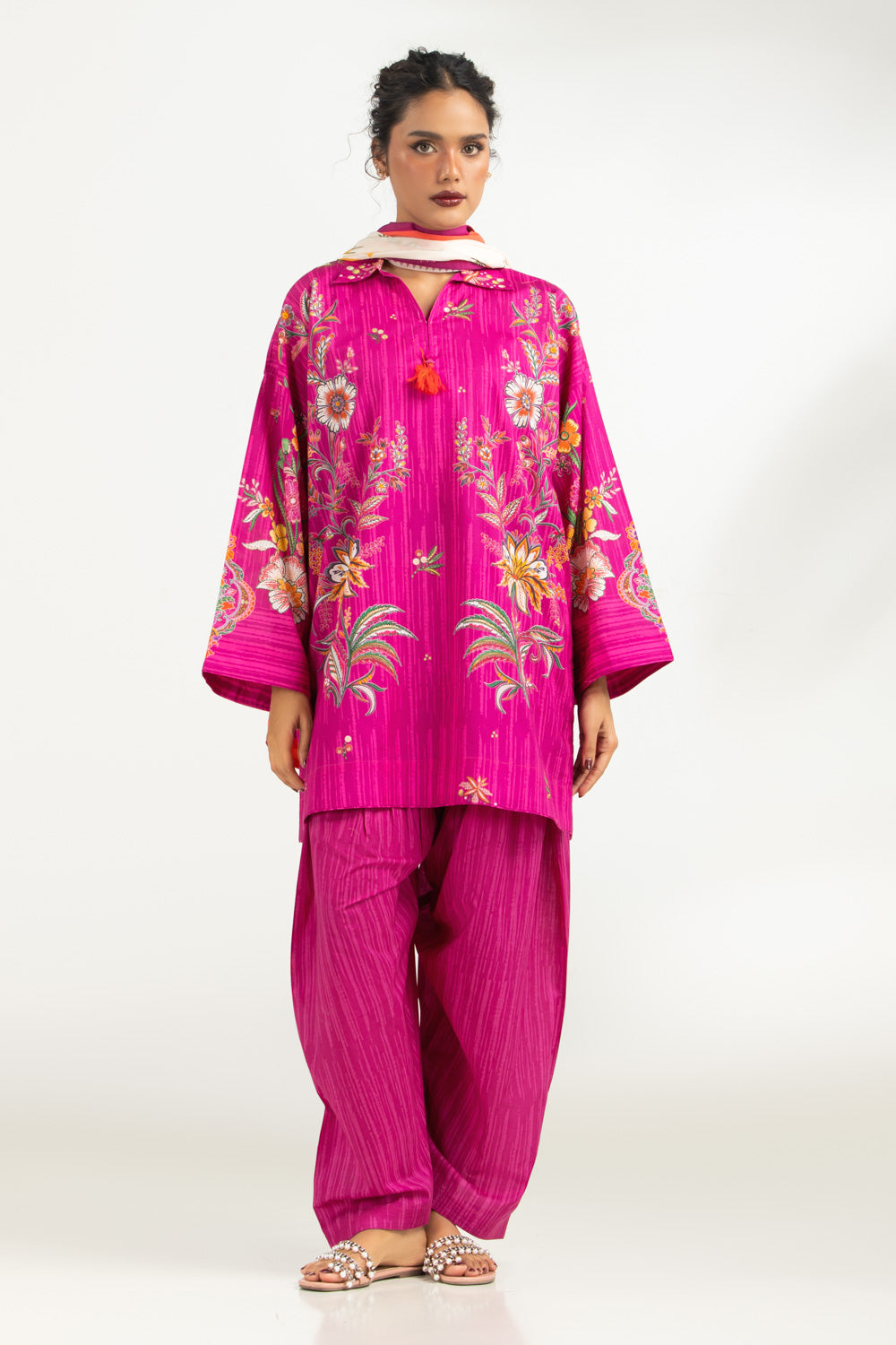 3PC Cambric Printed Suit With Scarf