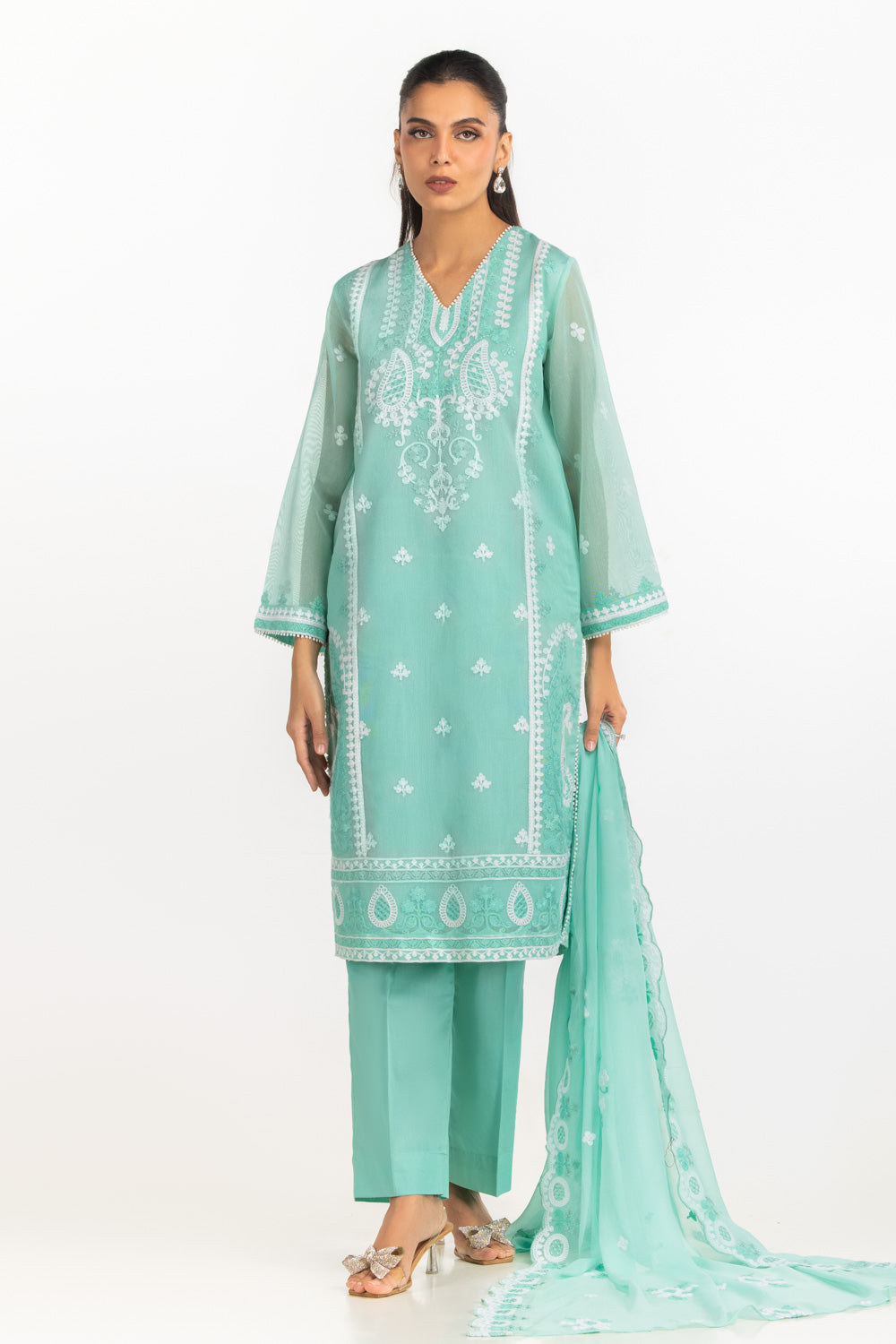 3PC Cotton Net Embroidered Suit