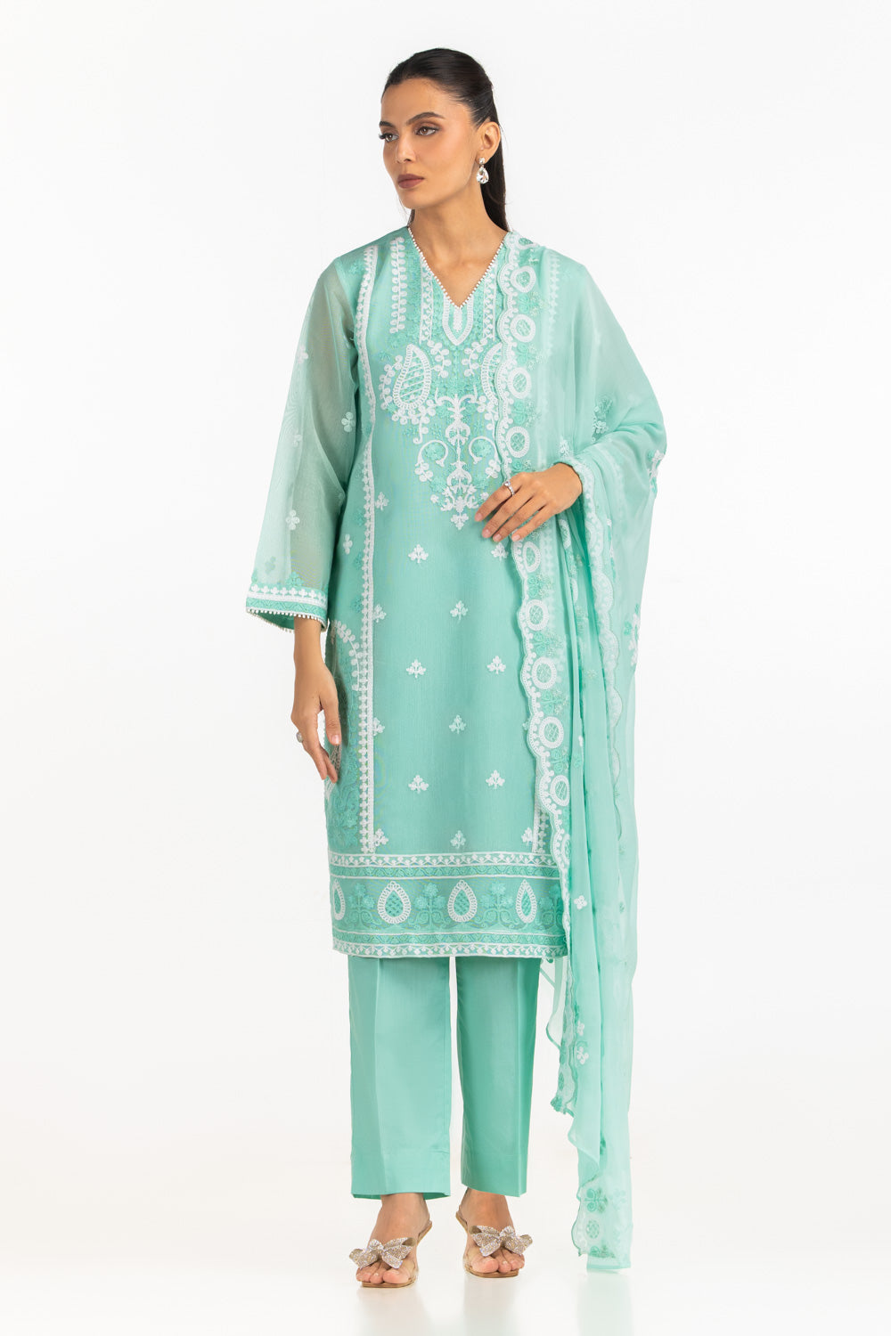 3PC Cotton Net Embroidered Suit