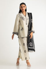 3PC Cotton Slub Embroidered Suit