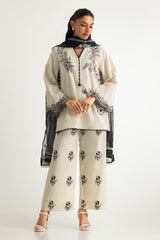 3PC Cotton Slub Embroidered Suit
