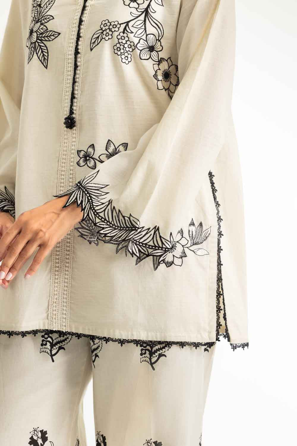3PC Cotton Slub Embroidered Suit
