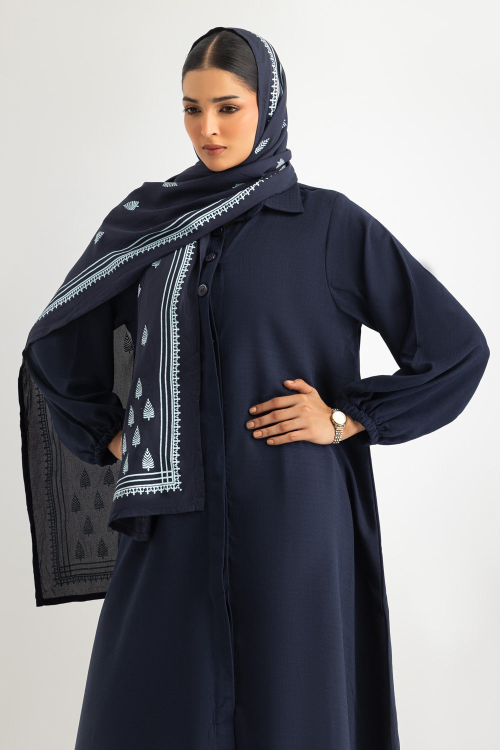 3PC Georgette Slub Abaya And Trouser With Block Printed Scarf