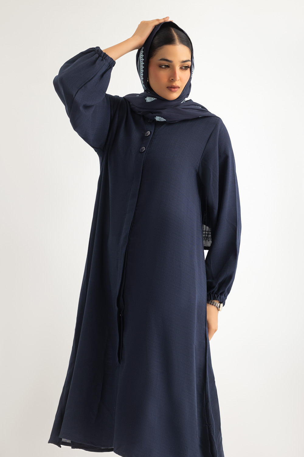 3PC Georgette Slub Abaya And Trouser With Block Printed Scarf