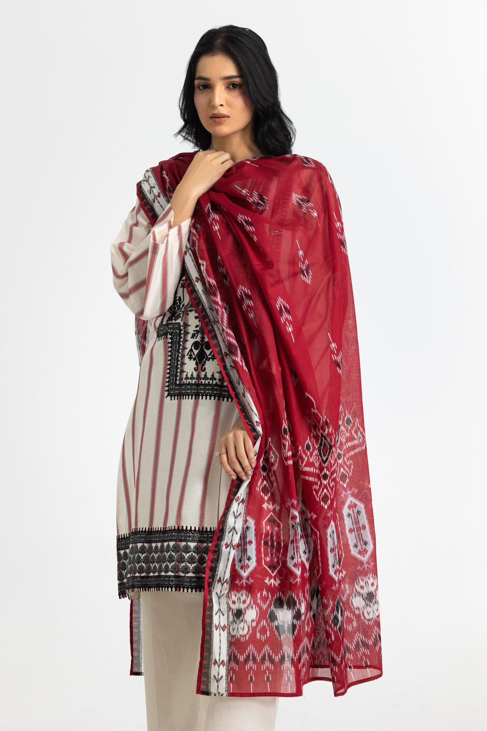 3PC Jacquard Embroidered Suit With Denting Lawn Printed Dupatta