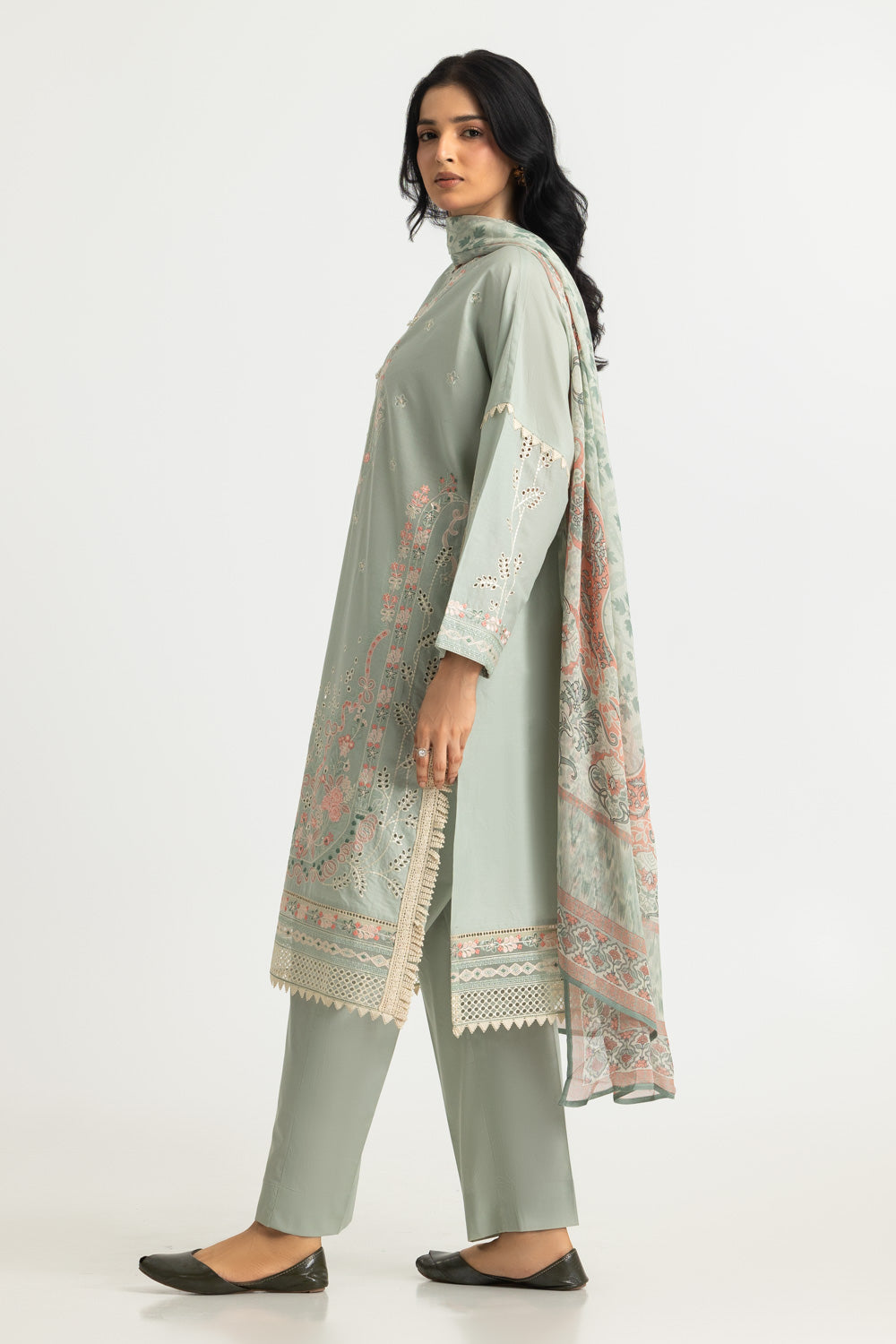 3PC Lawn Embroidered Suit With Chiffon Printed Dupatta