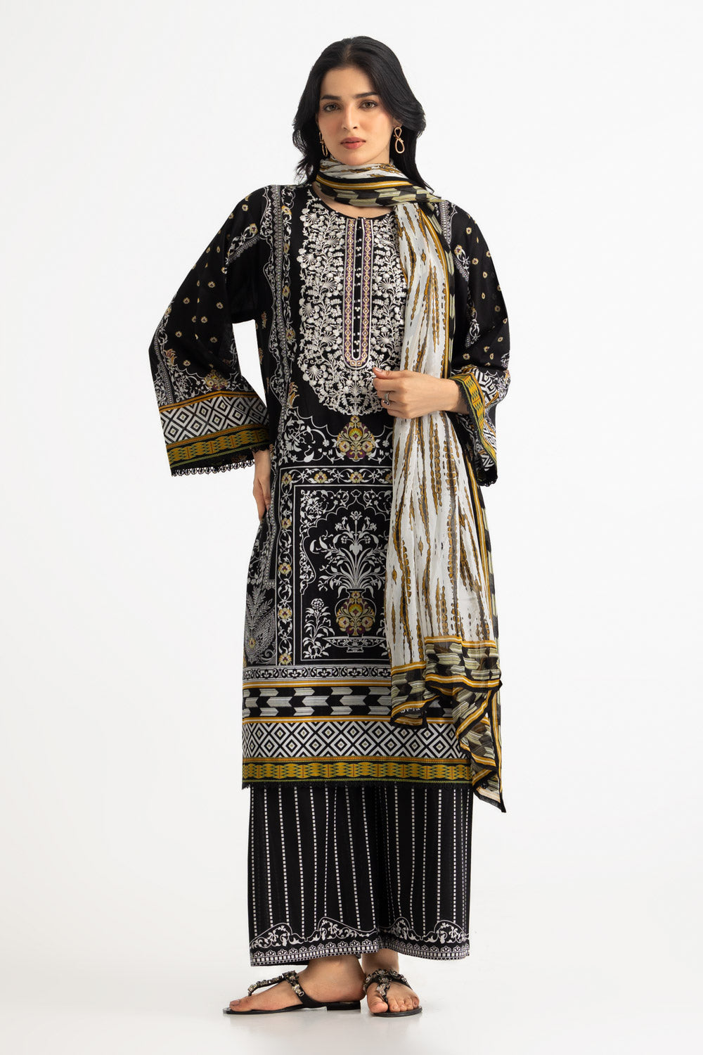 3PC Lawn Embroidered Suit With Printed Chiffon Dupatta