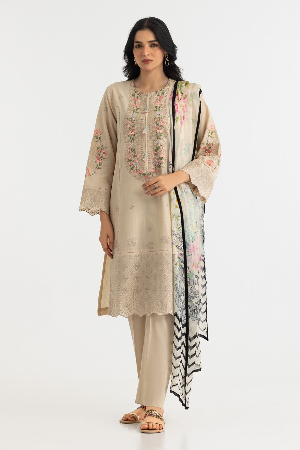 3PC Lawn Embroidered Suit With Printed Chiffon Dupatta
