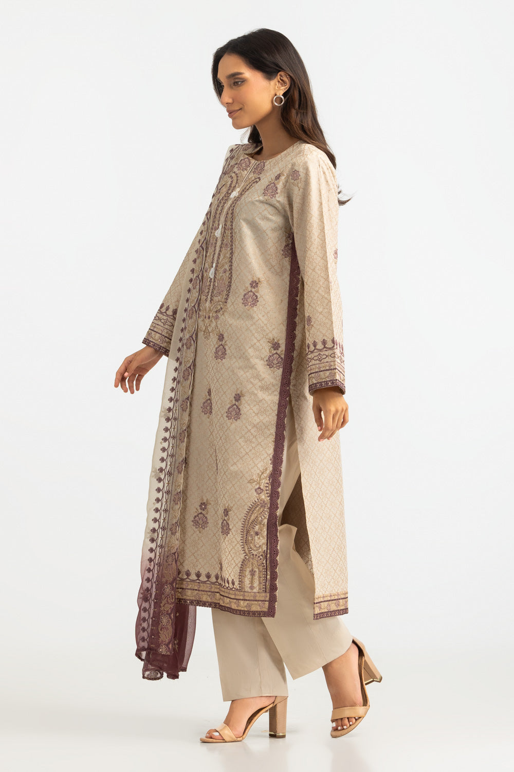 3PC Lawn Glitter Printed Suit With Embroidered