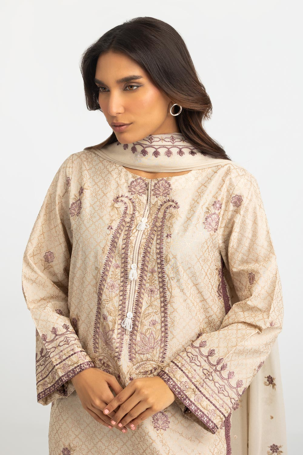 3PC Lawn Glitter Printed Suit With Embroidered