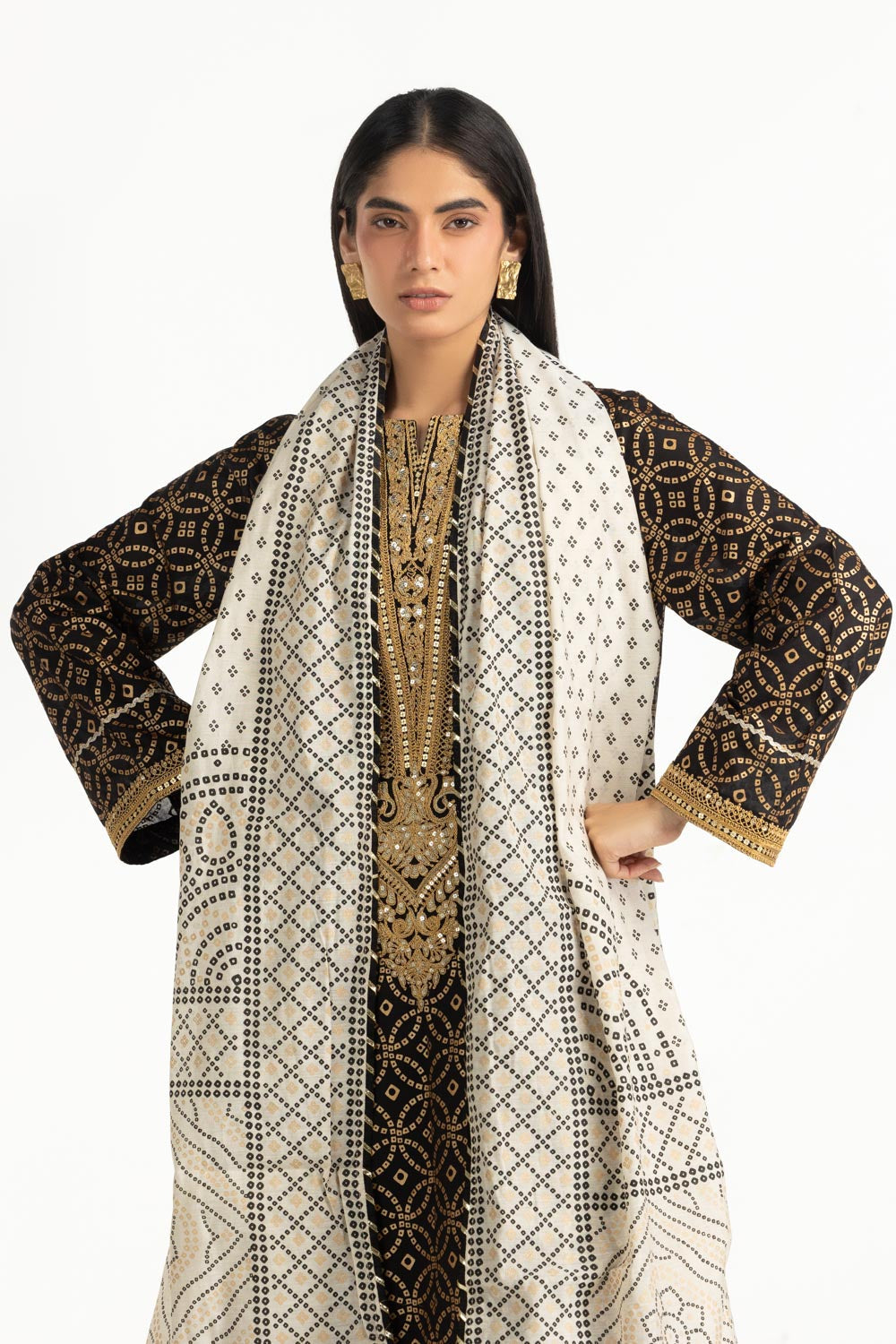 3PC Lawn Gold Printed Suit With Embroidered