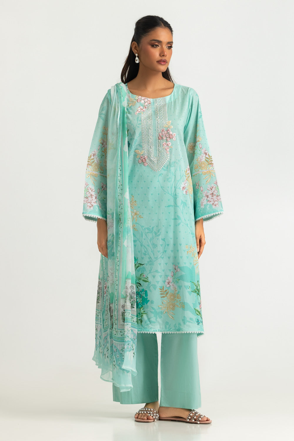 3PC Lawn Printed Suit With Embroidered