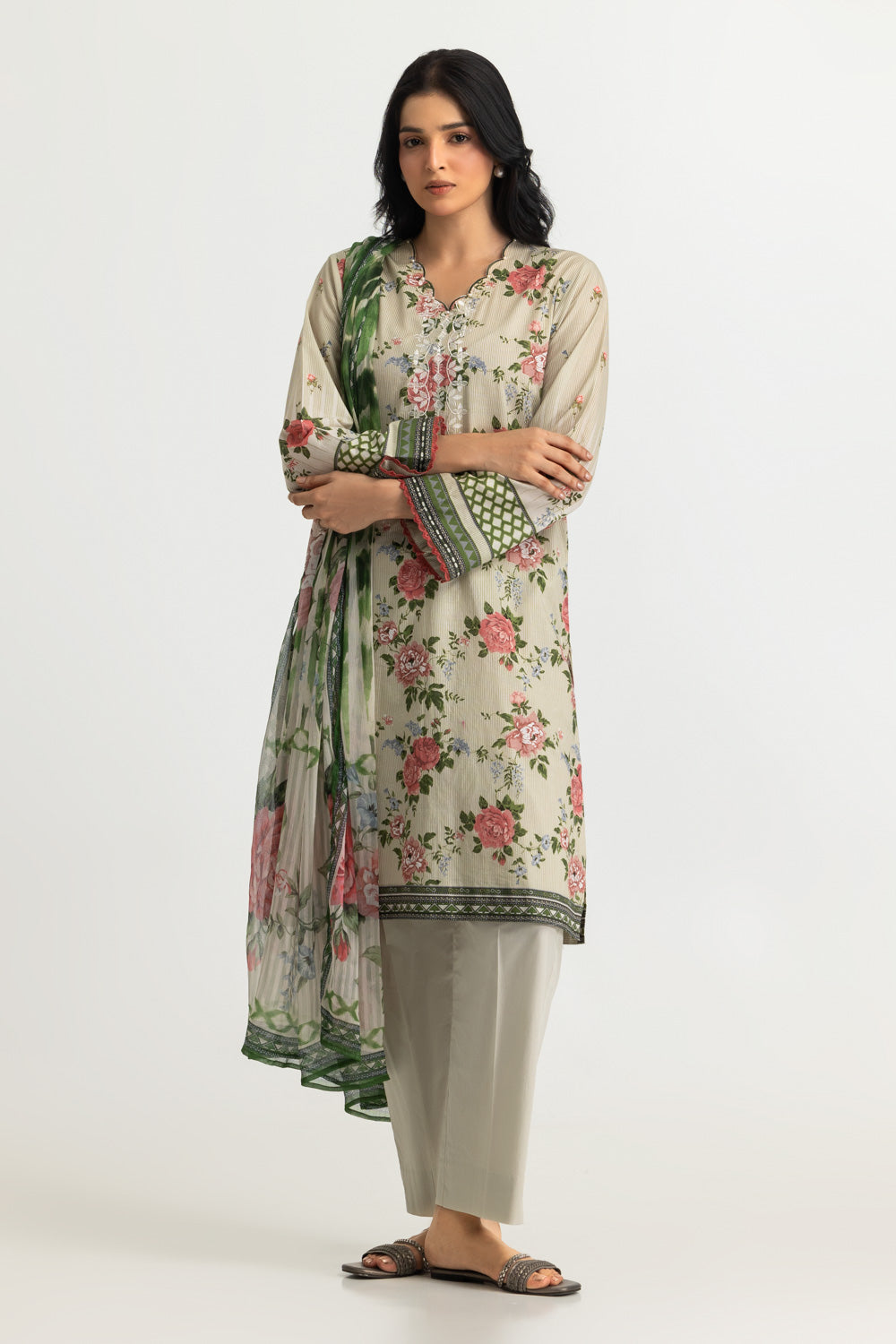 3PC Lawn Printed Suit With Embroidered