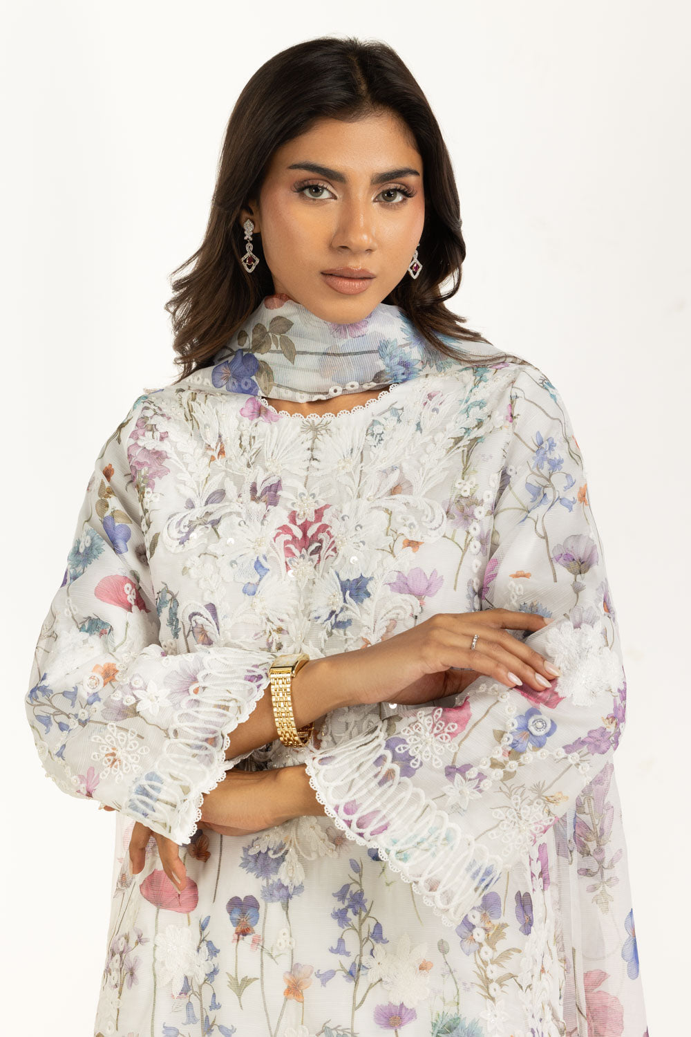 3PC Poly Slub Printed Suit With Embroidered