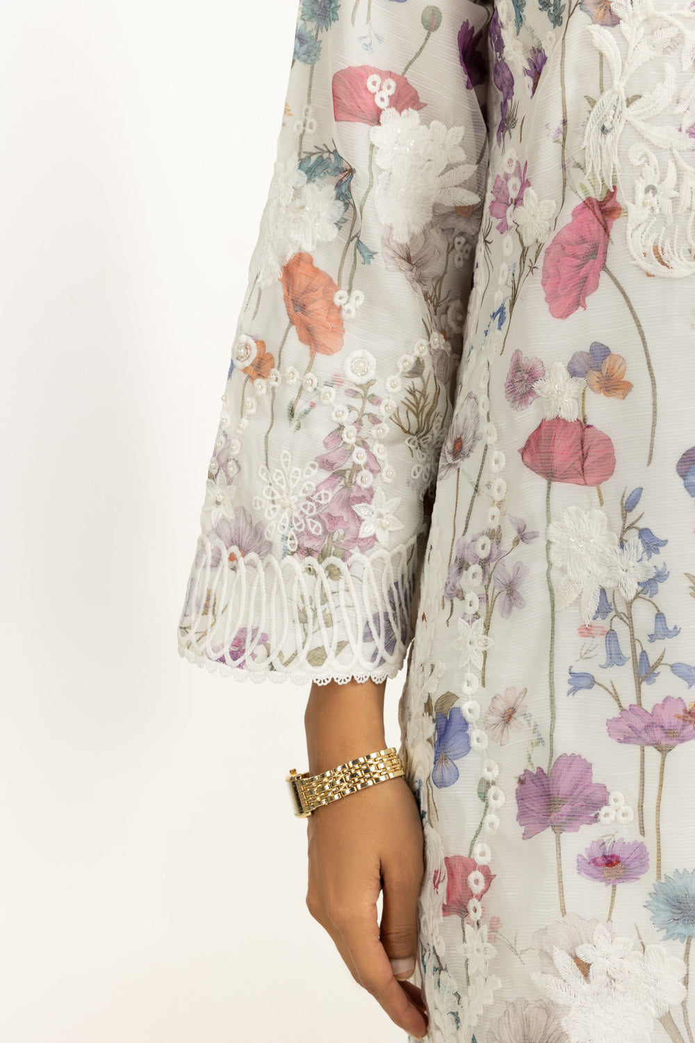 3PC Poly Slub Printed Suit With Embroidered