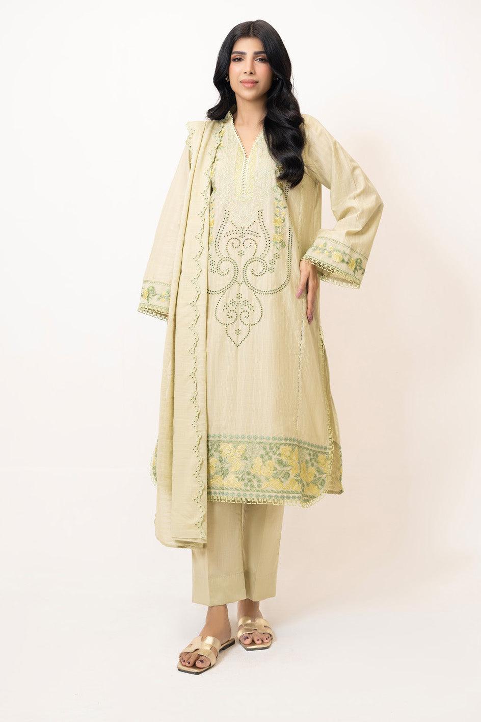 3PC Zari Stripe Embroidered Suit