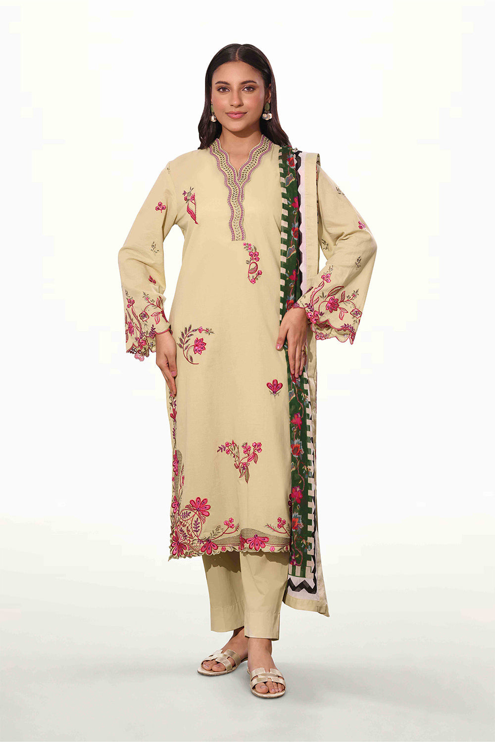 3Pc Cambric Embroidered Suit