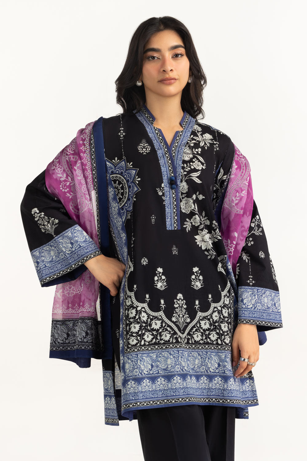 3Pc Cambric Printed Shirt And Trouser With Printed Scarf