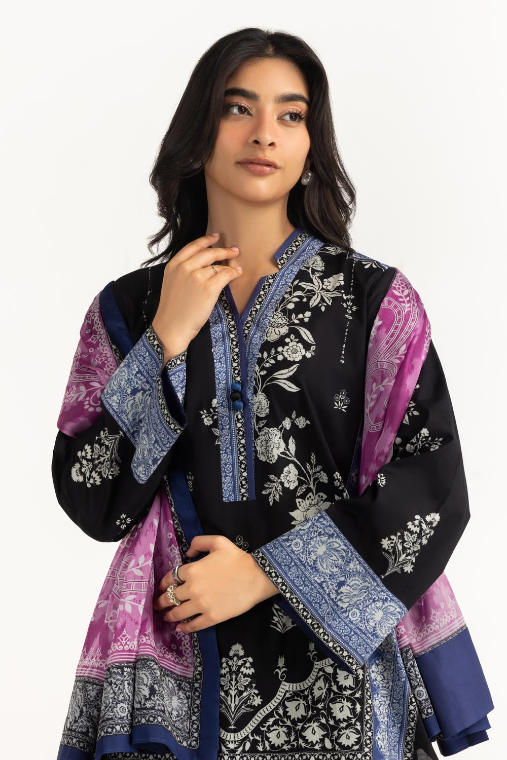3Pc Cambric Printed Shirt And Trouser With Printed Scarf
