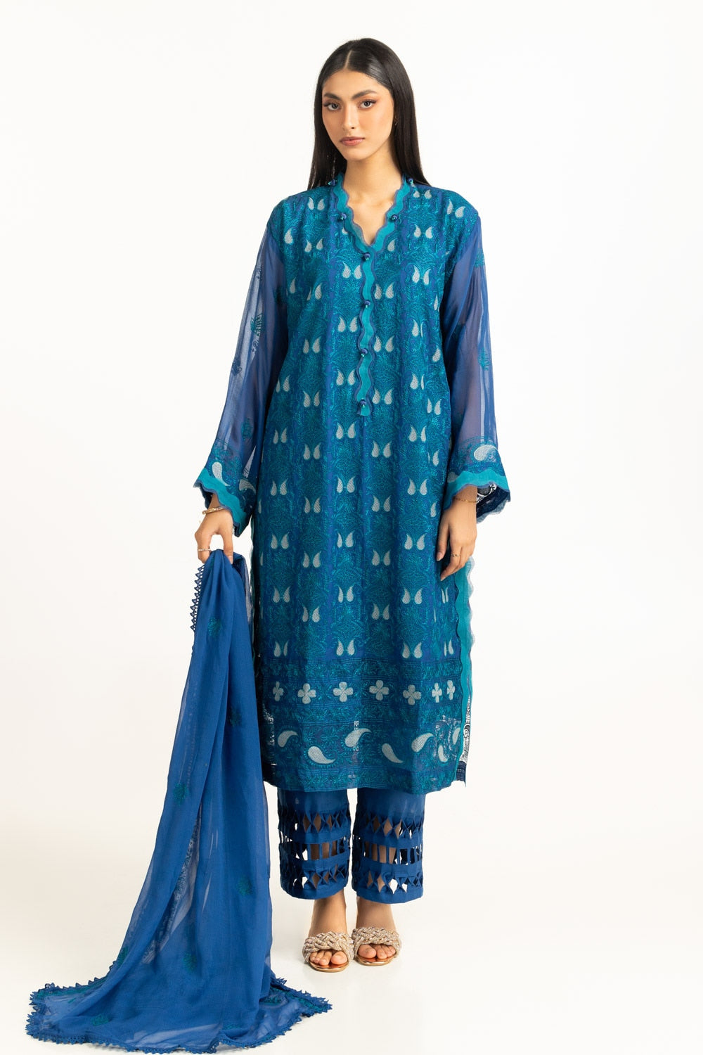 3Pc Chiffon Embroidered Suit