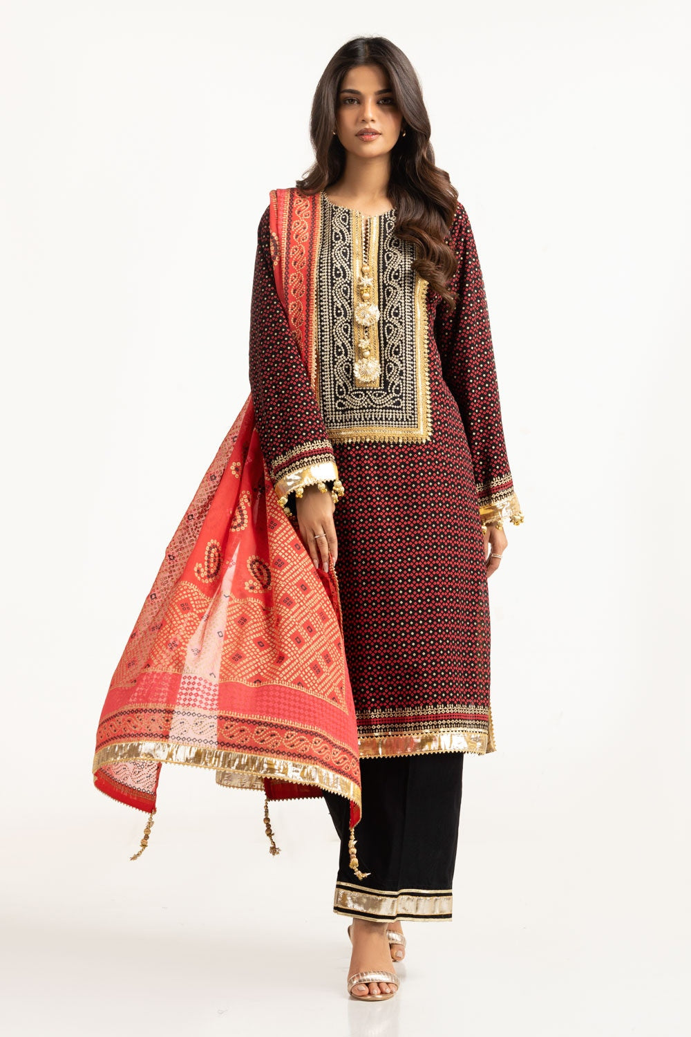 3PC Chiffon Gold And Lacquer Printed Suit With Embroidered