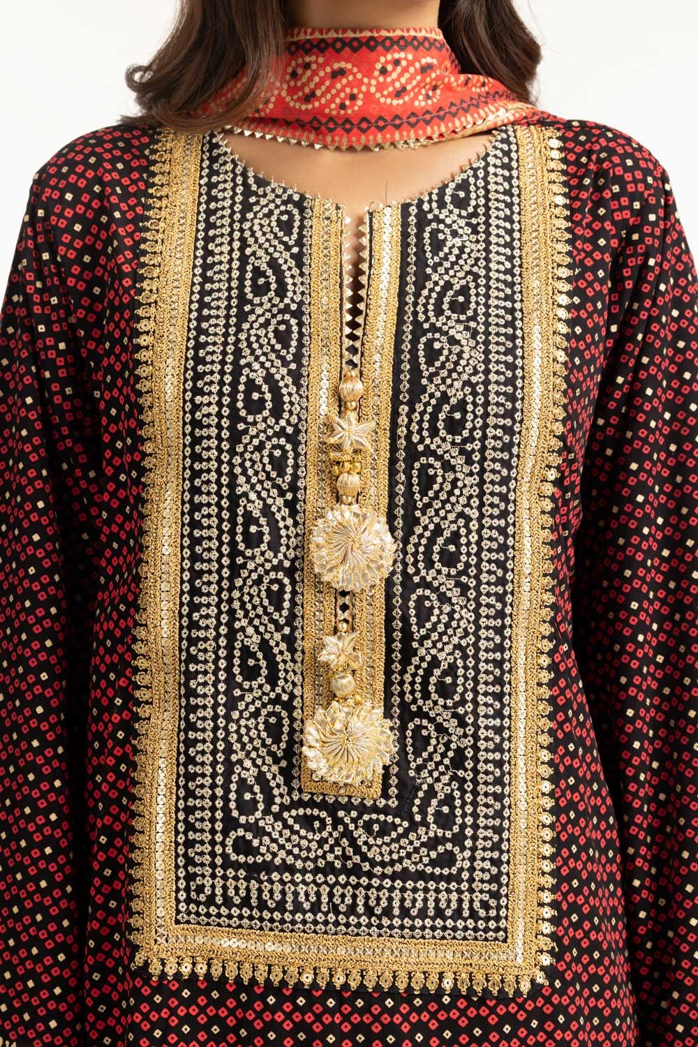 3PC Chiffon Gold And Lacquer Printed Suit With Embroidered