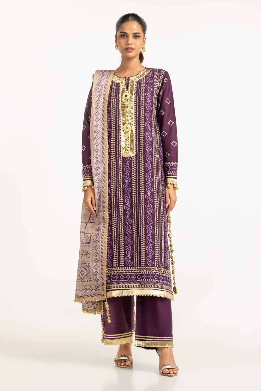 3PC Lawn Gold Printed Suit With Embroidered