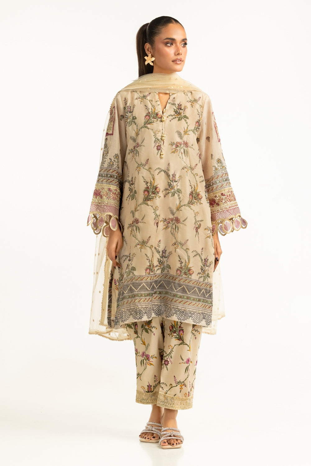 3PC Munar Slub Printed Suit With Embroidered