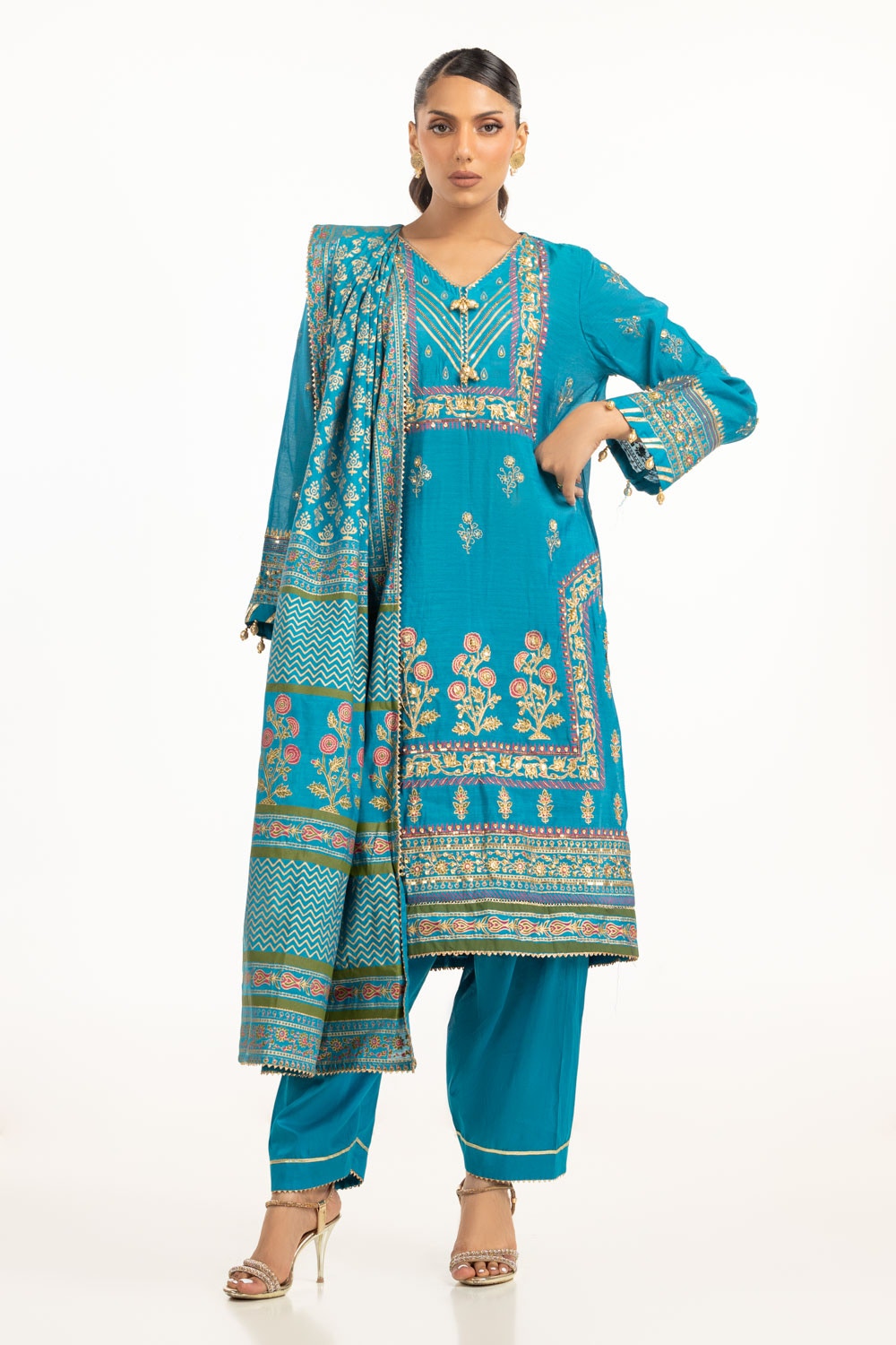 3PC paper-cotton Lacquer Printed Hand Embellished Suit