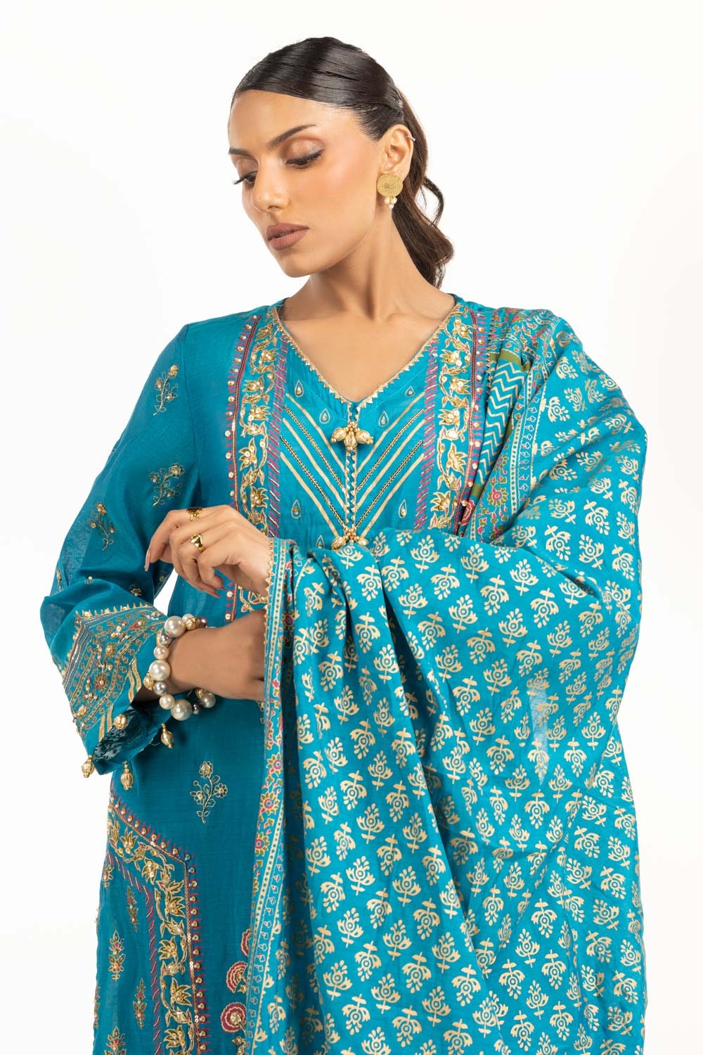 3PC paper-cotton Lacquer Printed Hand Embellished Suit