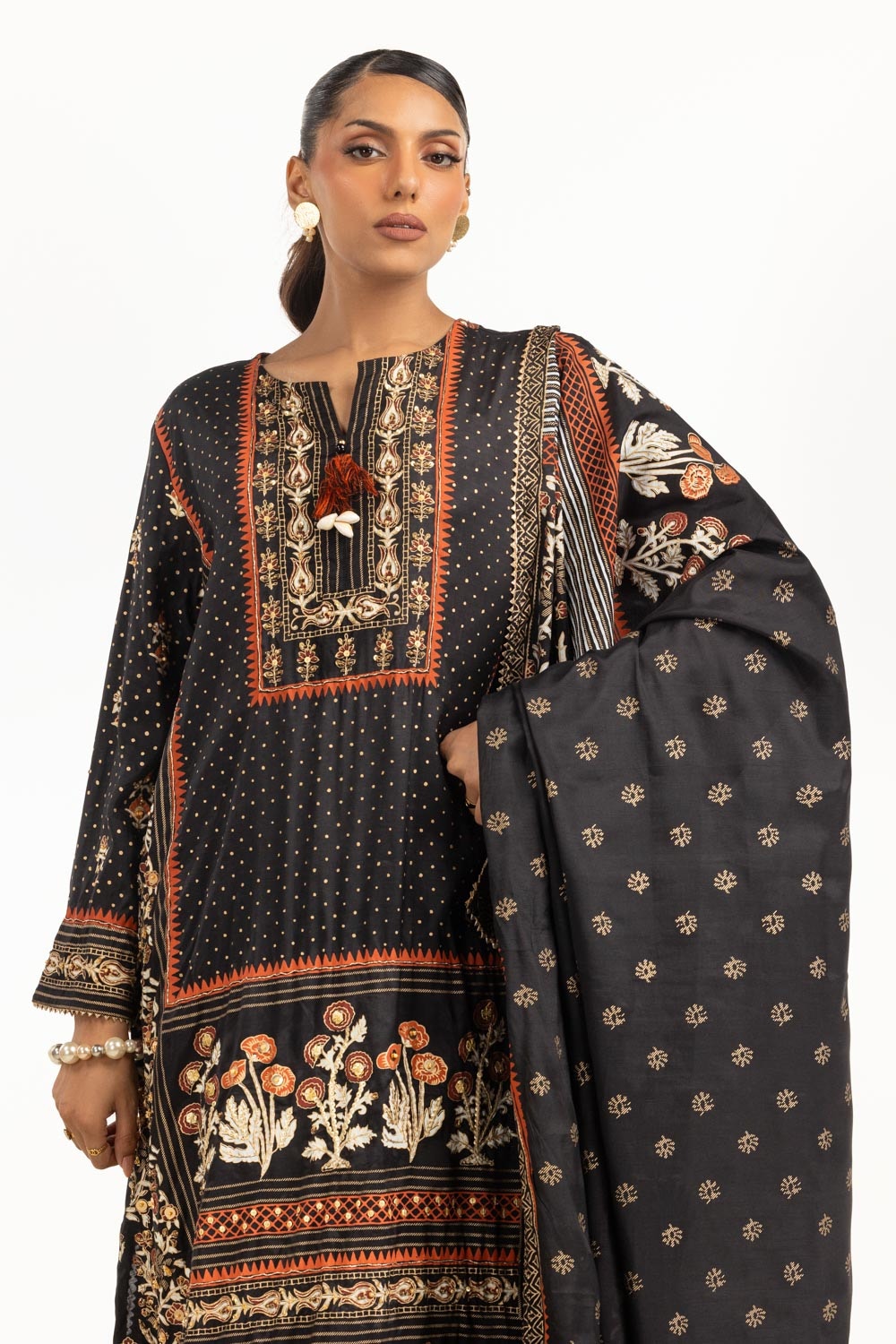 3PC raw-silk Lacquer Printed Hand Embellished Suit