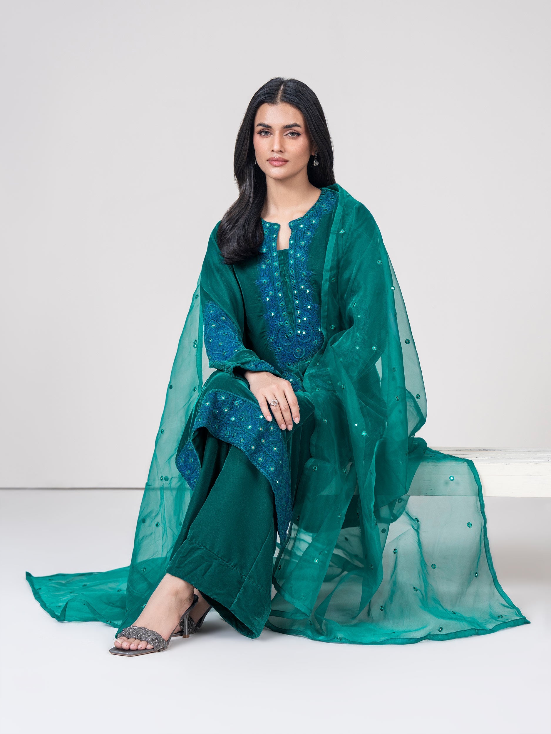 3 Piece Velvet Suit- Embroidered (Pret)