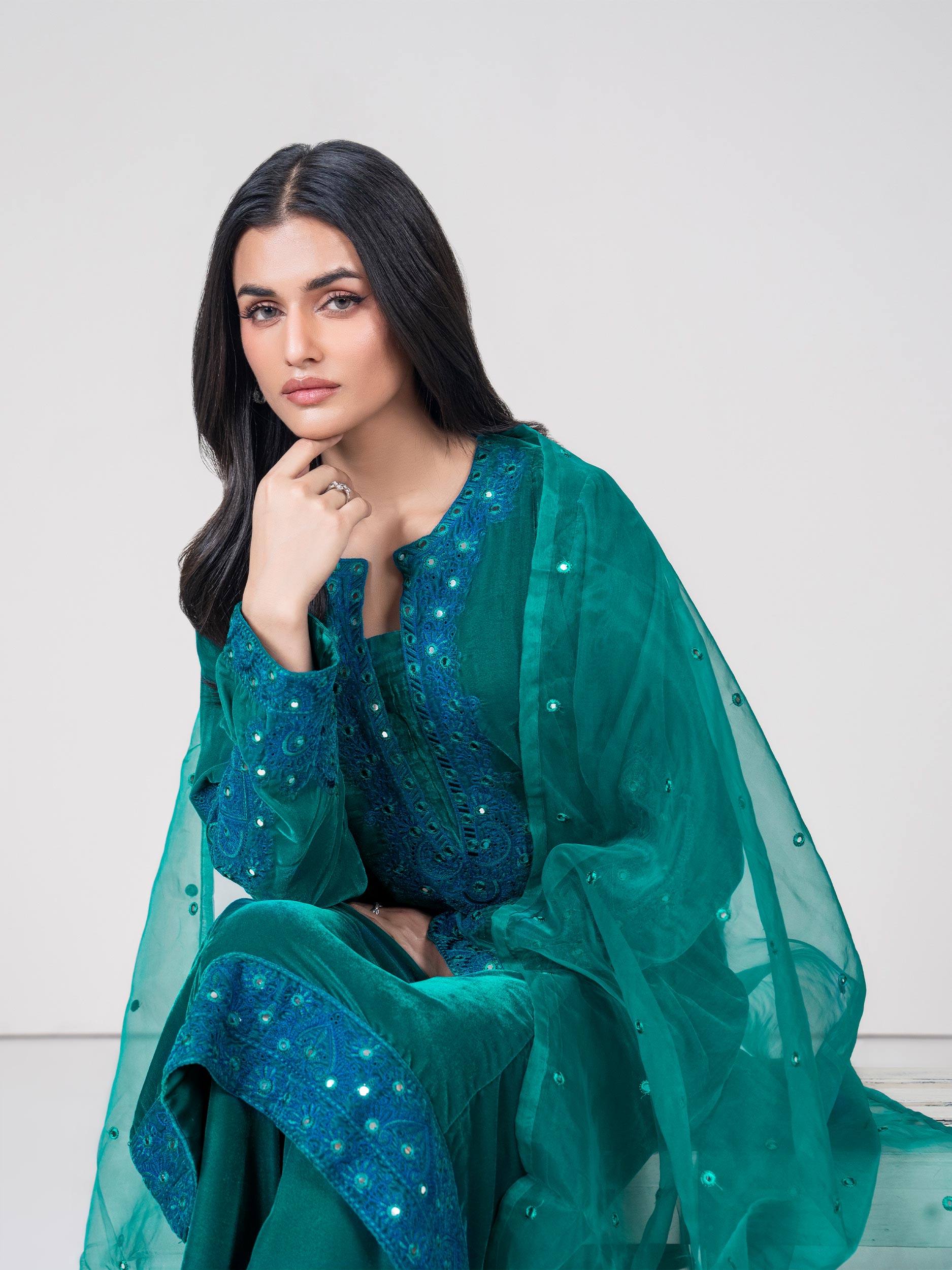3 Piece Velvet Suit- Embroidered (Pret)