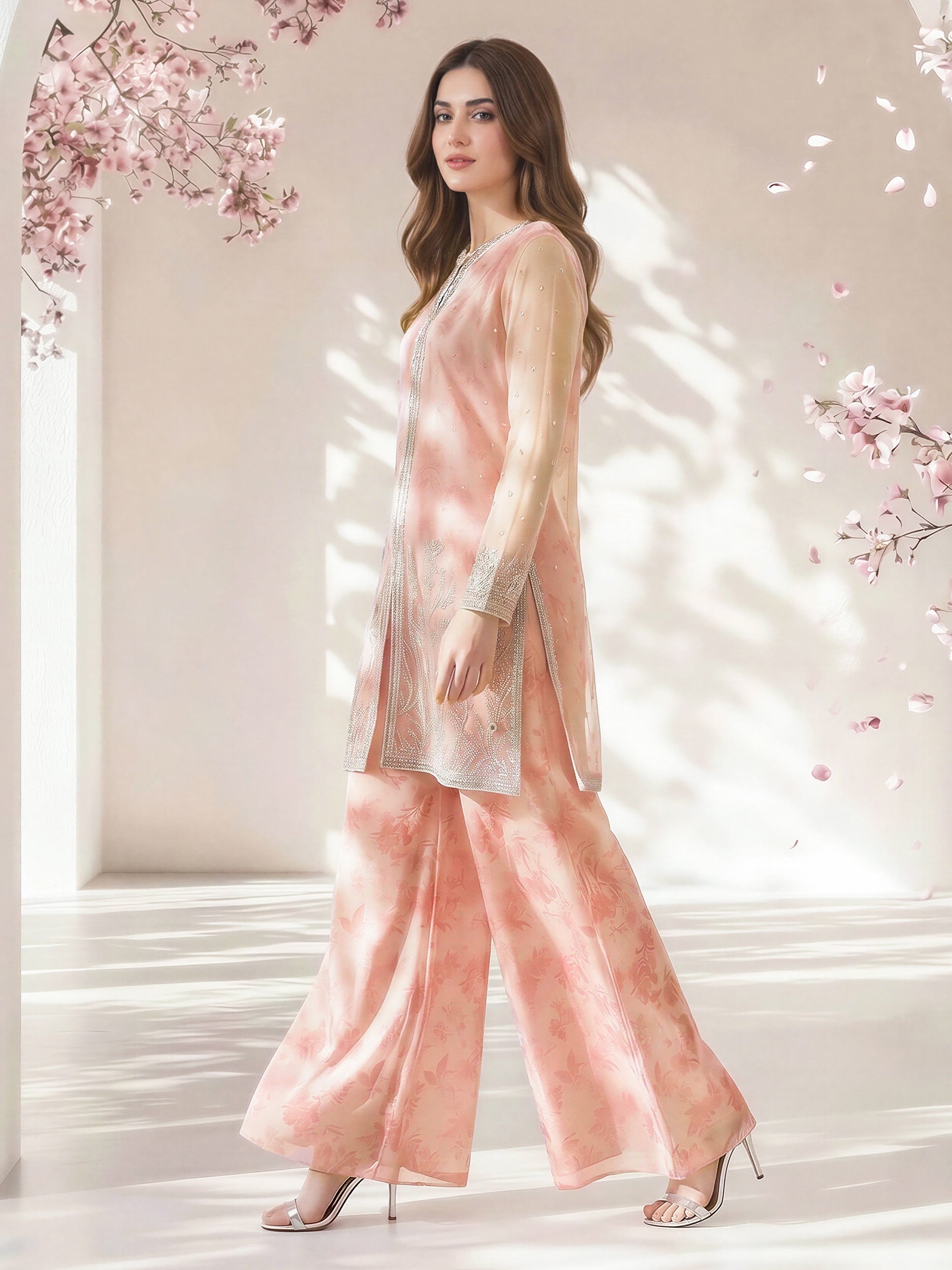 2 Piece Poly Net Suit- Embroidered (Pret)