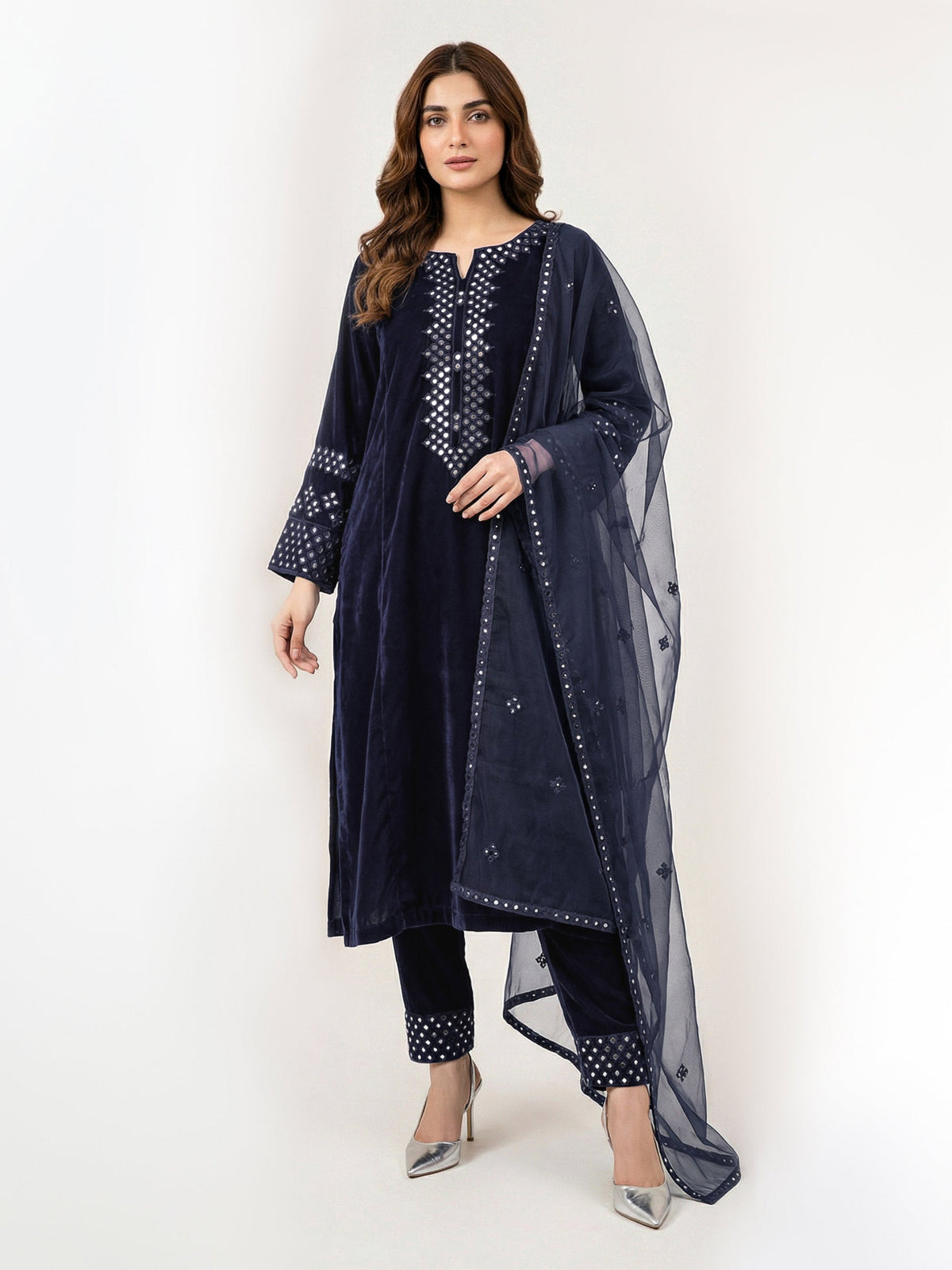 3 Piece Velvet Suit- Embroidered (Pret)