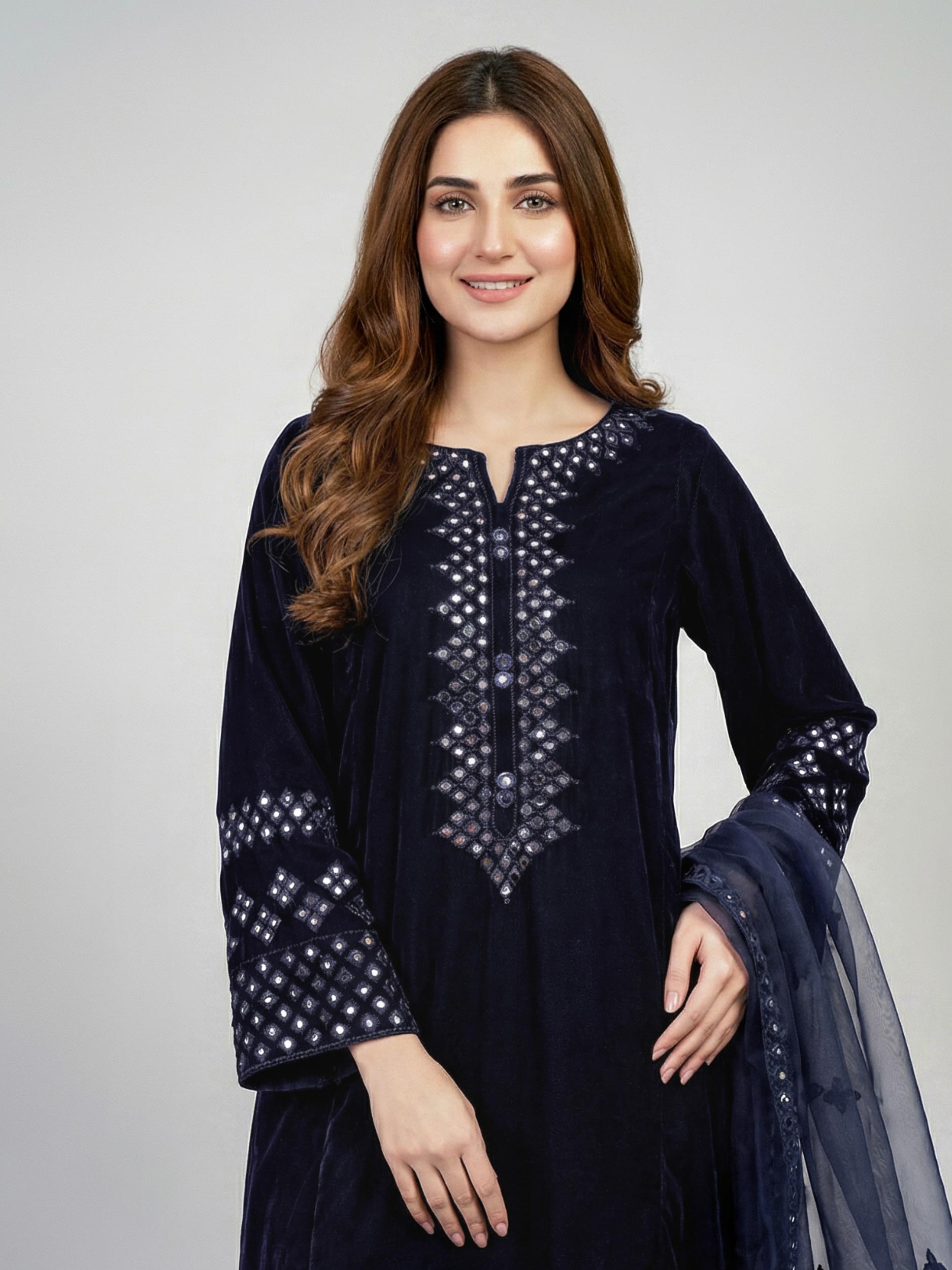 3 Piece Velvet Suit- Embroidered (Pret)