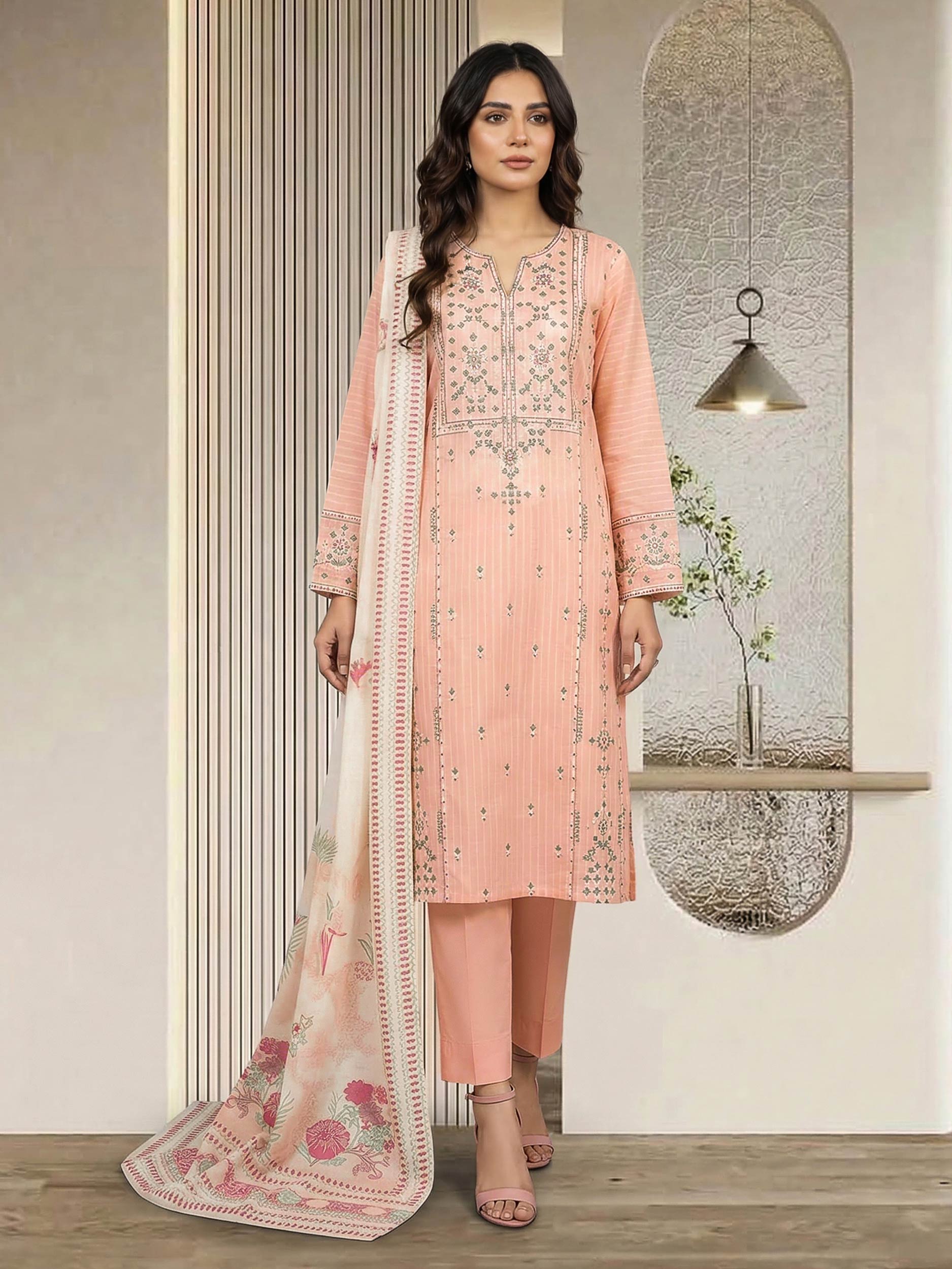 3 Piece Self Jacquard Suit- Embroidered (Pret)