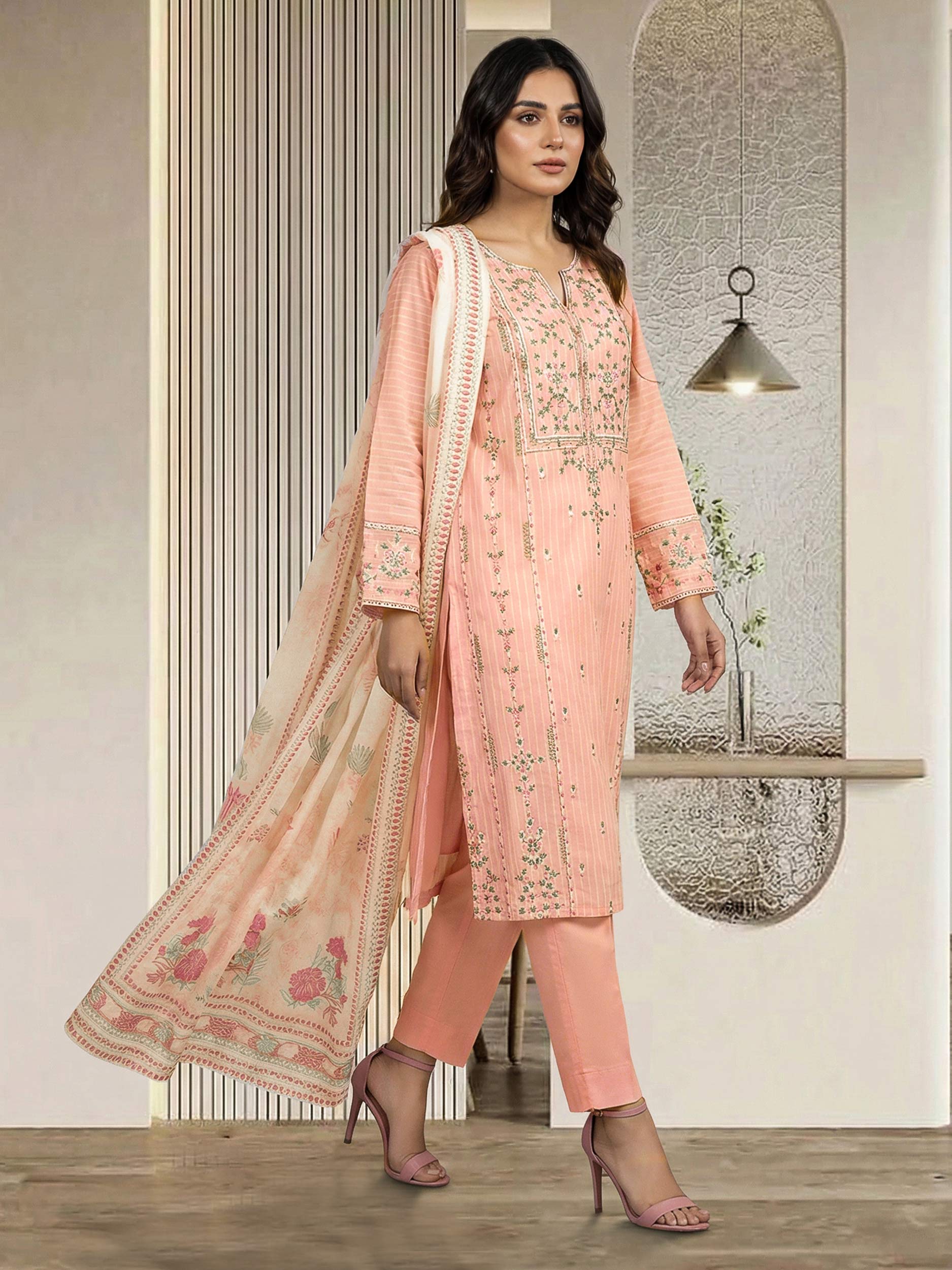 3 Piece Self Jacquard Suit- Embroidered (Pret)