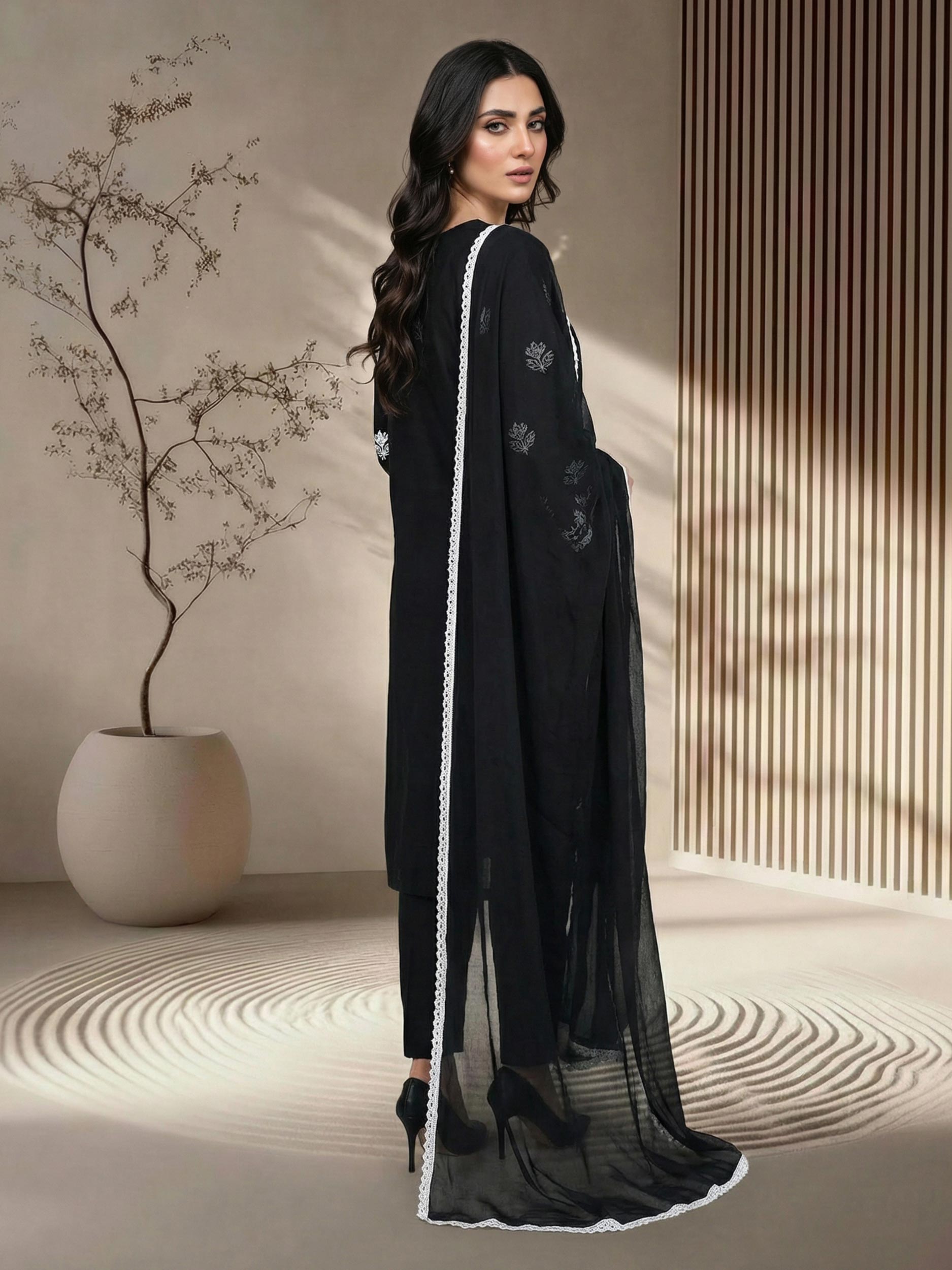 3 Piece Lawn Slub Suit- Embroidered (Pret)