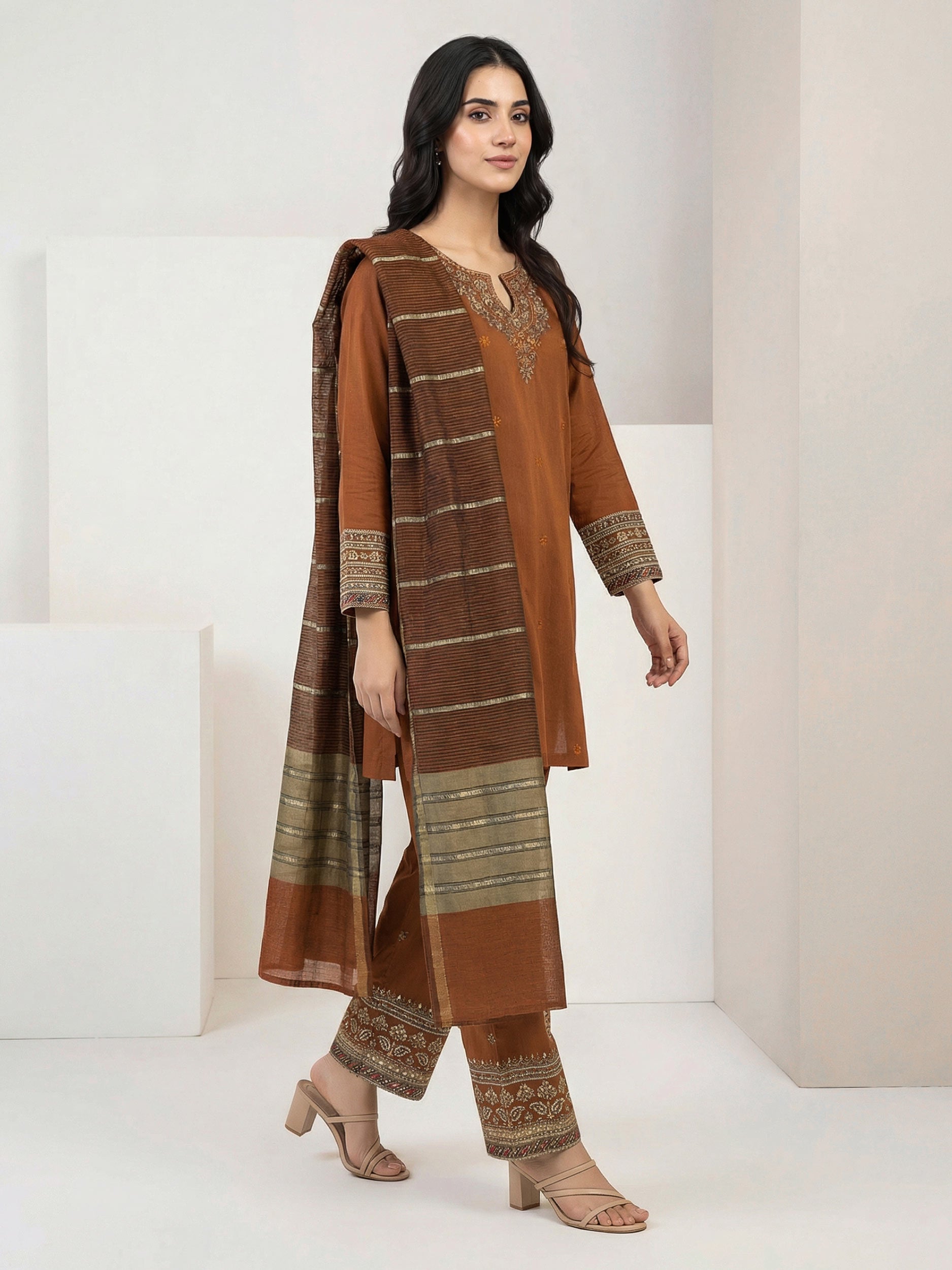 3 Piece Cotton Net Suit- Embroidered (Pret)