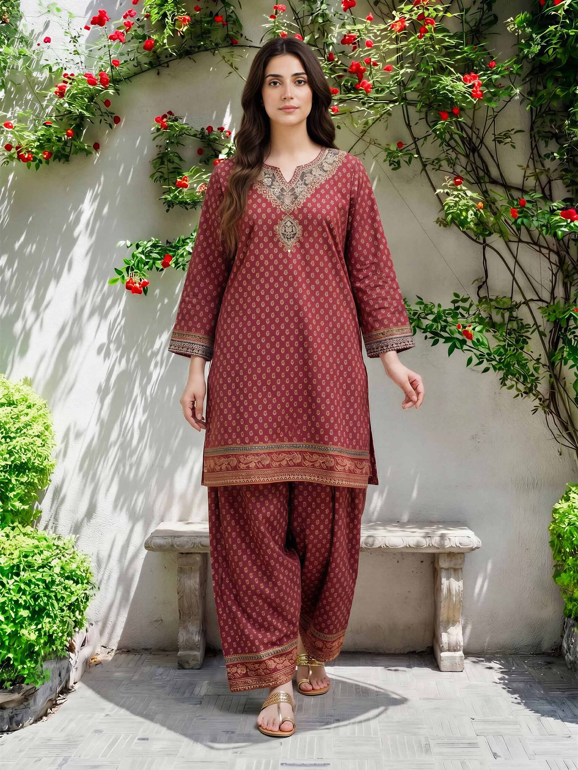 2 Piece Satin Suit- Embroidered (Pret)