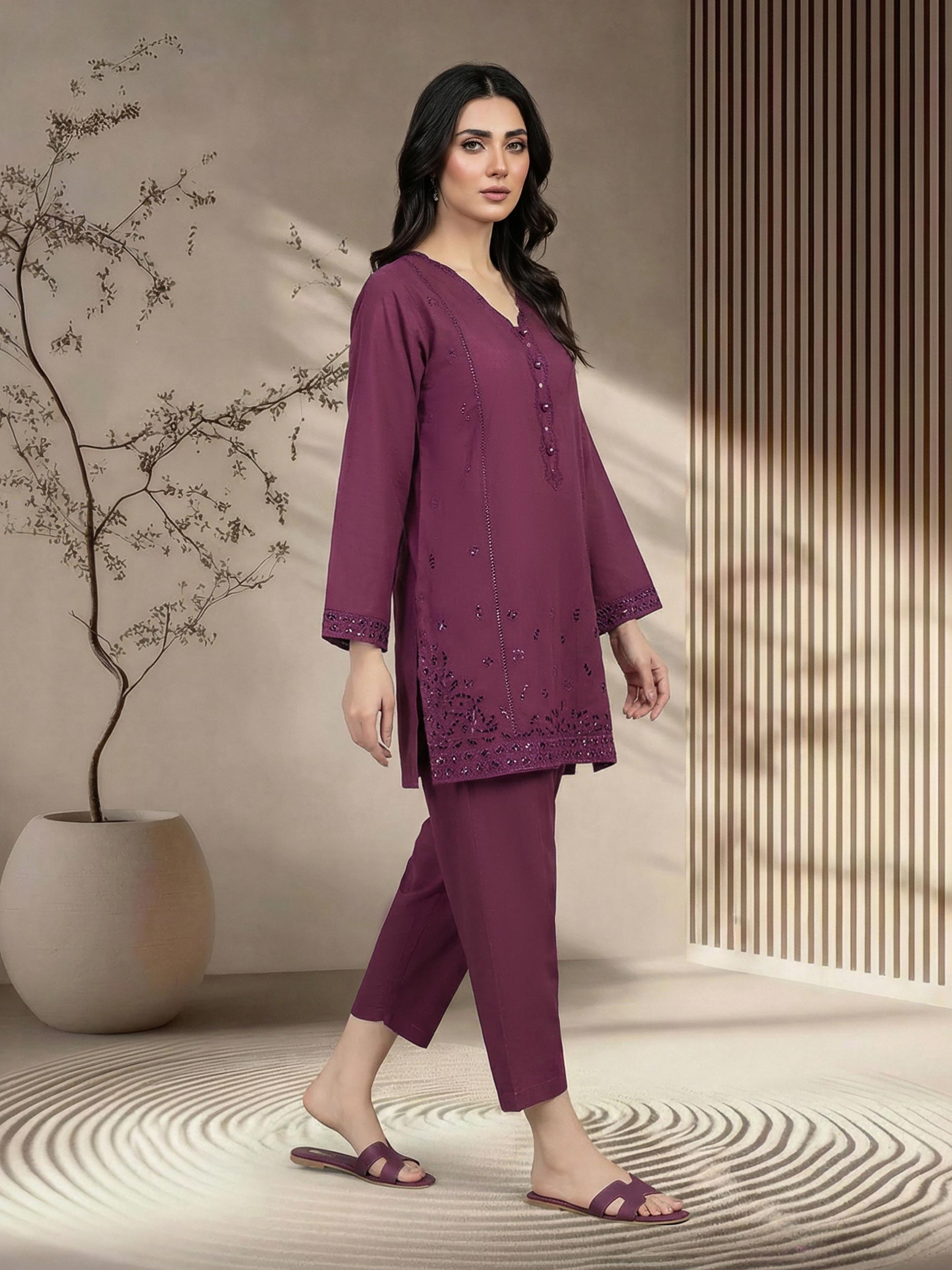 2 Piece  Lawn Slub Suit- Embroidered (Pret)